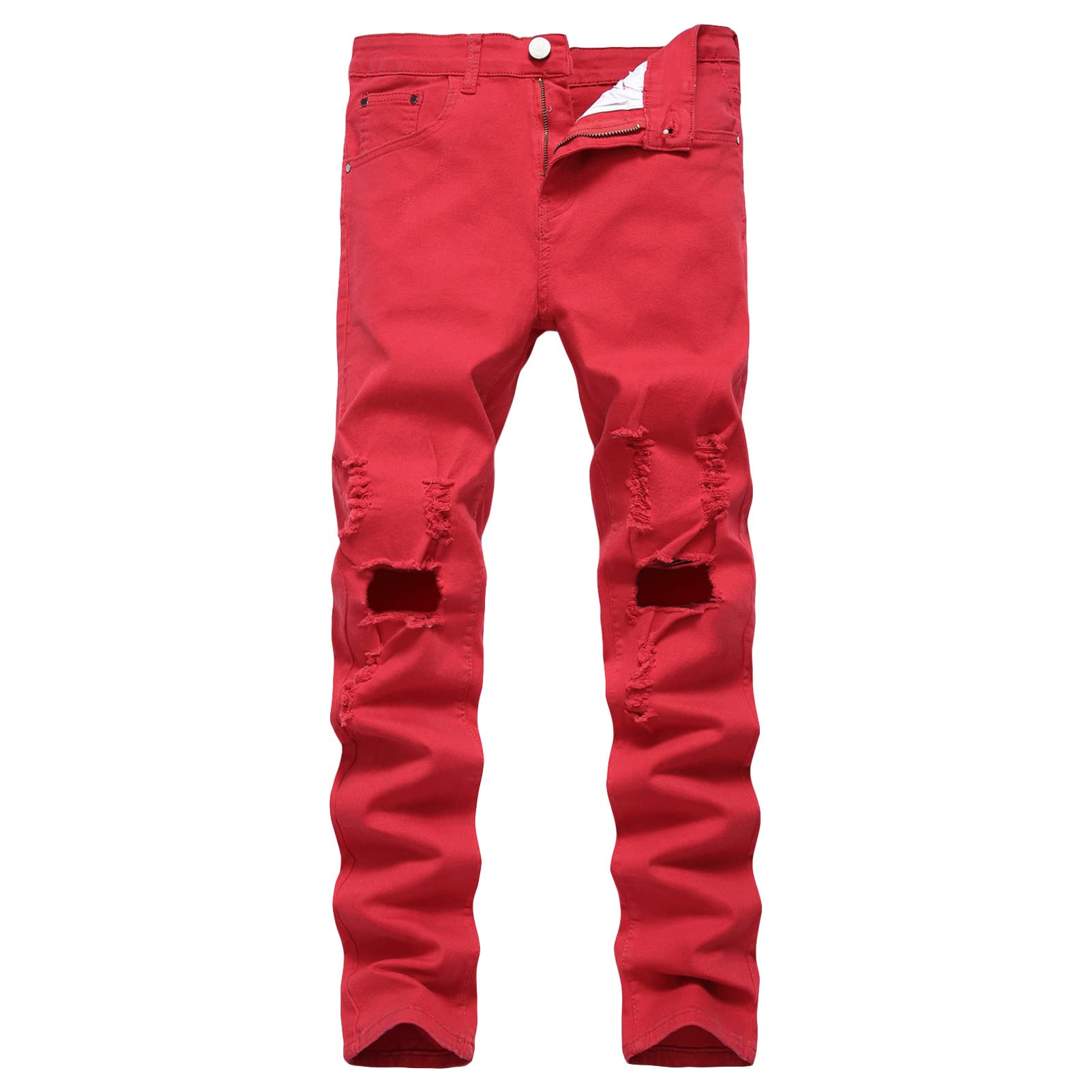 Men's Straight Leg Ripped Jeans Distressed Slim Fit Stretch Denim Jeans Casual Destroyed Knee Holes Jean Trousers (Red,32)
