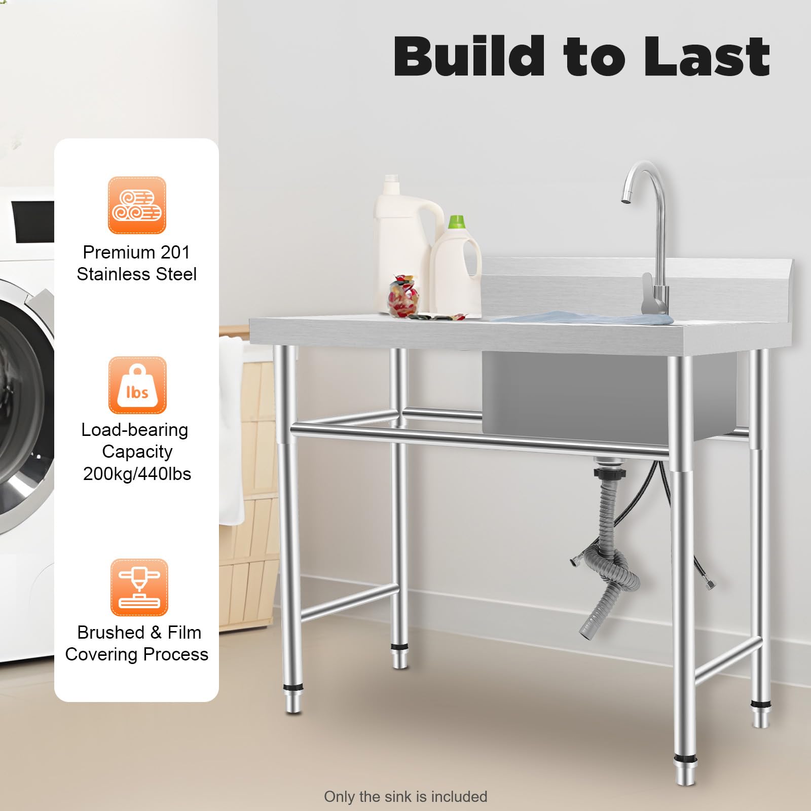 Fregadero de acero inoxidable con mesa de trabajo y grifo mezclador, 1 lavabo profesional, comercial, independiente, 100 x 60 x 93 cm, lavabo multifunción derecho Deluxe para cocina, lavandería garaje