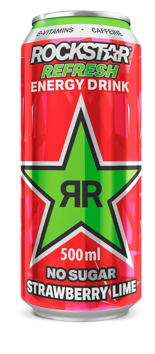 Rockstar strawberry Lime Bebida energética con cafeína y cero azúcar con sabor a limón y fresa, pack de 12 latas de 500 ml, 6 litros en total