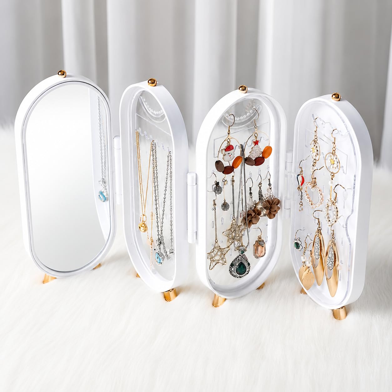 laxis 3 fold jewellery box for women with mirror and dividers, transparent display case, mini storage organizer, portable jewellery organisers box for rings, earrings, bracelets & accessories | white