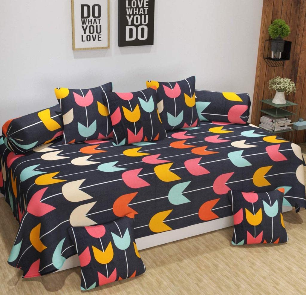 8 Piece Cotton Denim Blue Multi Colour Leaf Print King Size Diwan Bedsheet with Bolster & Cushion Cover for Fancy Diwan Set and Home Living Room-image-6