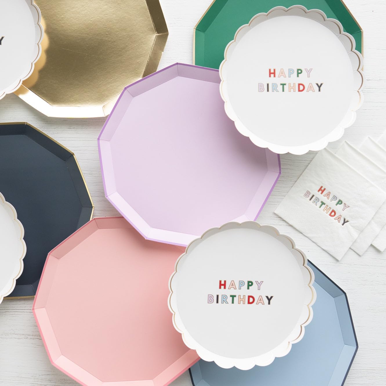 Bonjour Fête Blanc White Signature Celebration Dessert Plates | Scalloped Paper Tableware with Happy Birthday Design | Disposable Cake Serveware for Party Decorations | Pack of 8