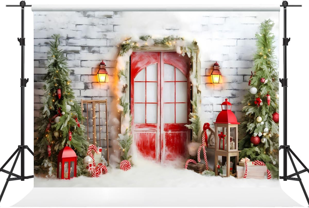 Kate 75ft Christmas Backdrop Photography Red Door Christmas Tree Wall lamp Decoration Xmas Studio Props for Photos Video Party