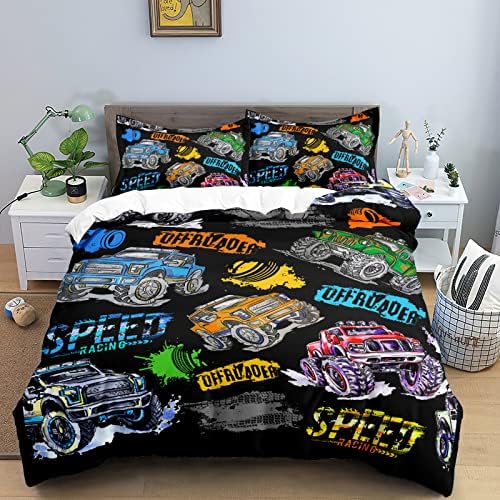 OWL QUEEN Cars Duvet Cover Twin Size, Cartoon Car Bedding Set, 1 Duvet Cover with 1 Pillowcase, 100% Polyester Trucks Bedding Set Kids Duvet Cover Set for Kids Teen Boys Girls, No Comforter