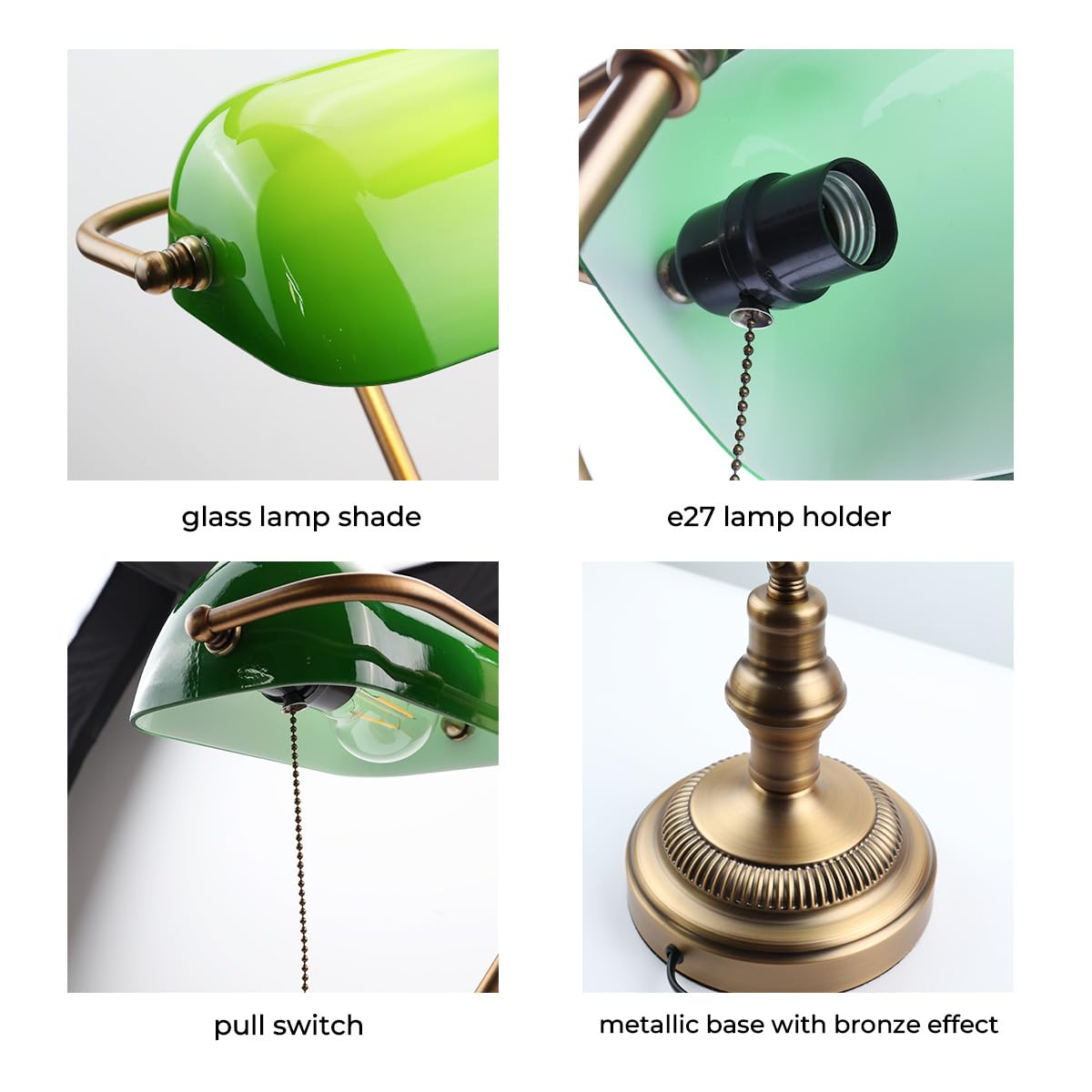 Lampada Da Scrivania Vintage Stile Banchiere Americano - Base Ottone Bronzo, Paralume Vetro Verde, Interruttore A Catena - Foto 6