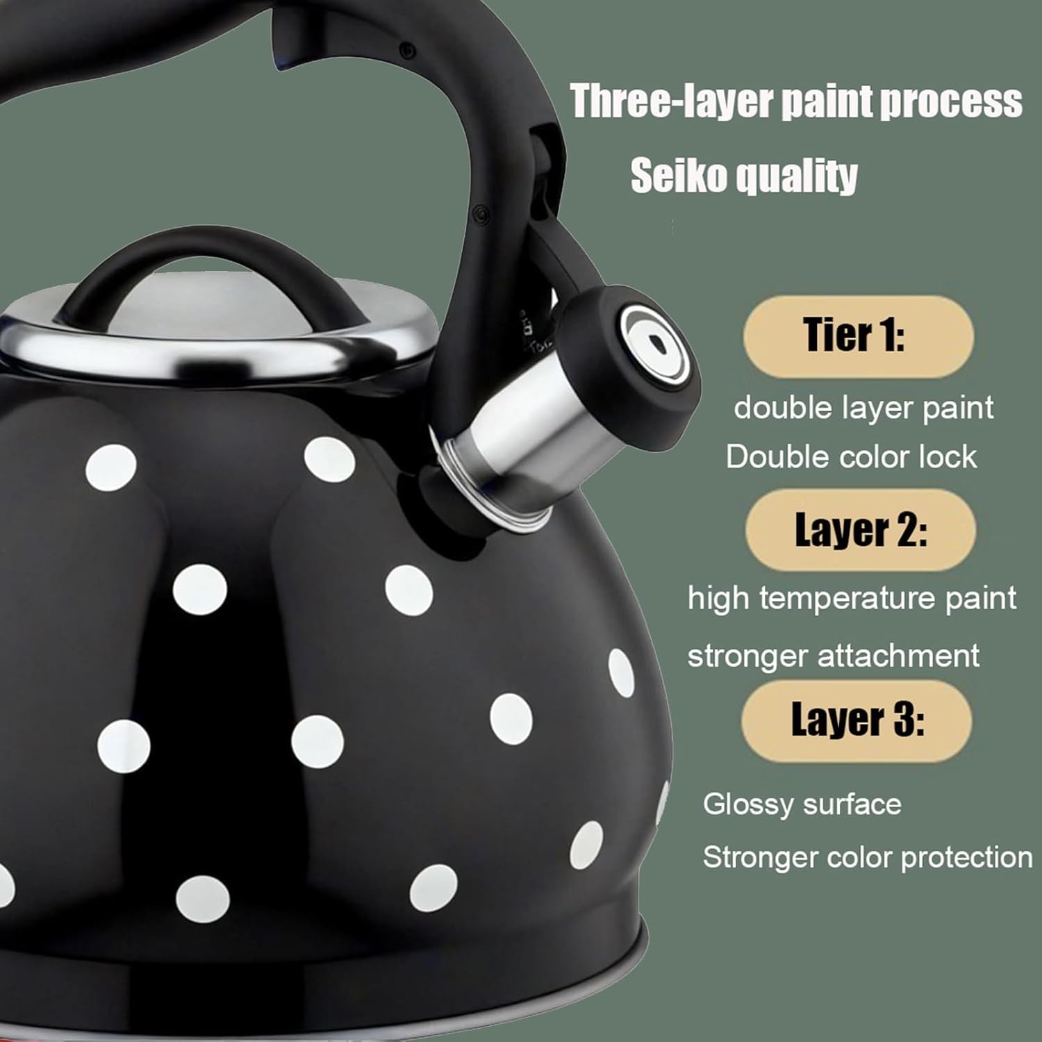 Tea Kettle, 3.2 Quart Teapot for Stove Top, 304 Stainless Steel Whistle White Polka Dot Tea Pot