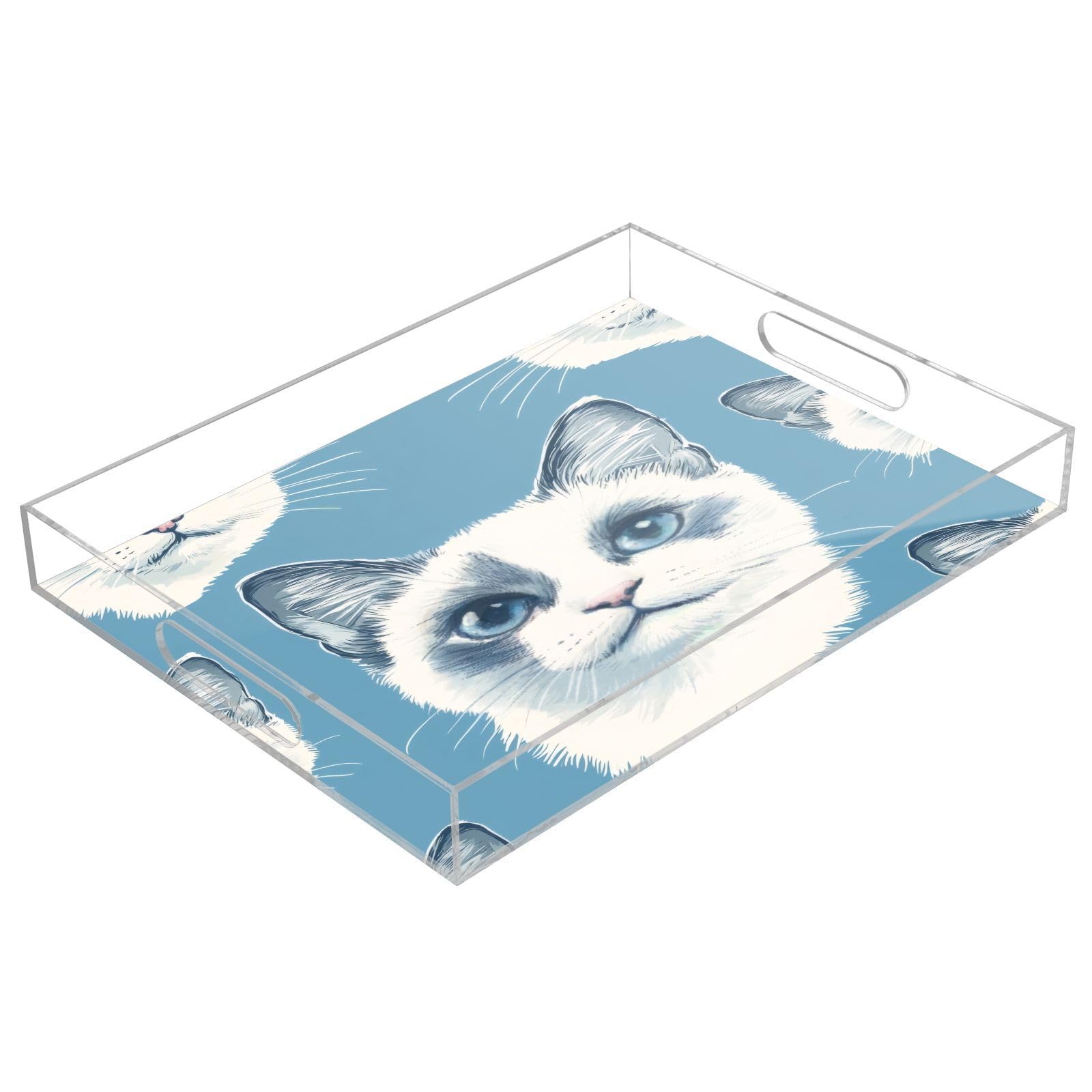 Msyxl Cute Cat Blue Serving Tray for Coffee Table, Decorative Acrylic Tray Cute Cat Blue Tray with with Handles for Breakfast, Ottoman, Countertop, 12x16 in