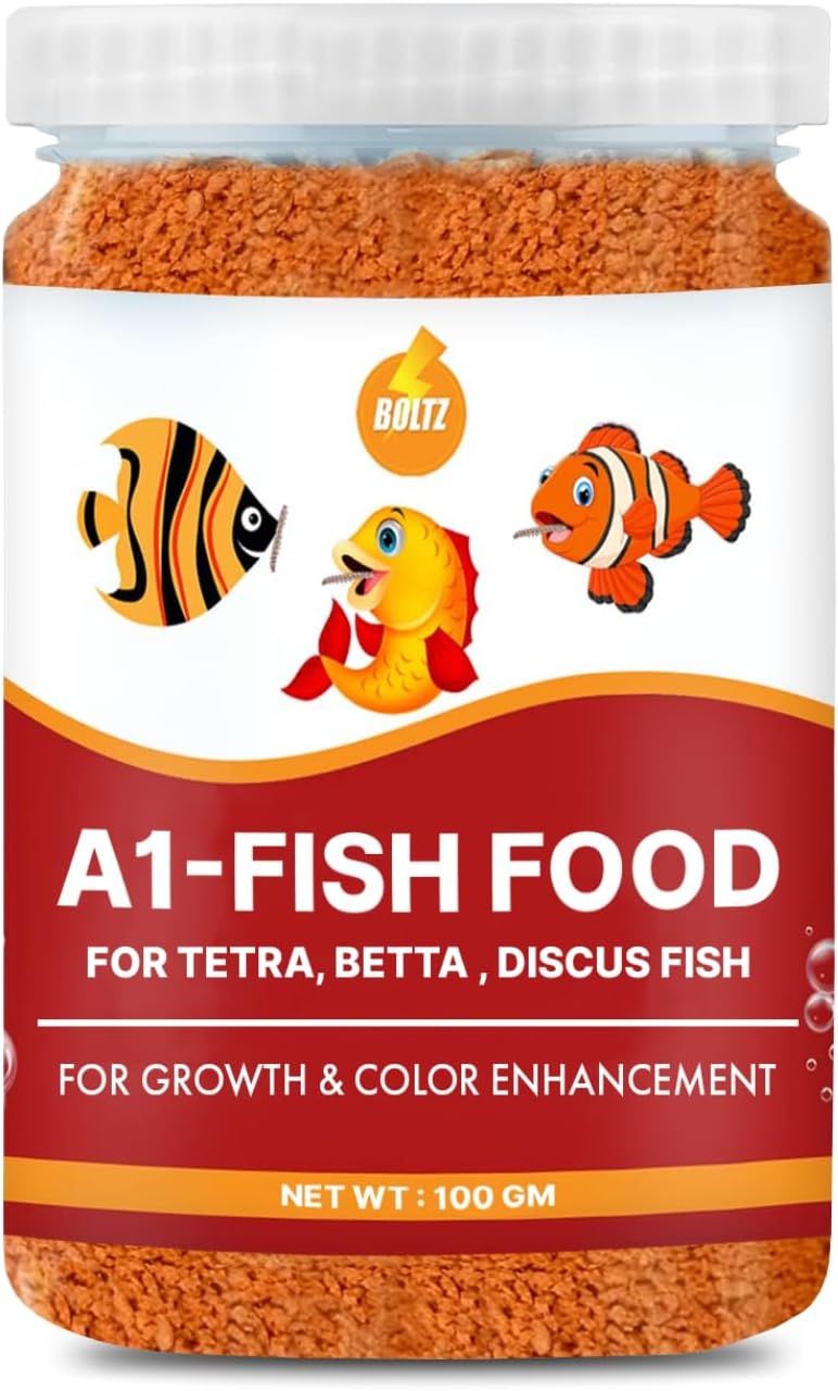 BOLTZ A1 Fish Food - 100 Gm Pellet Growth & Color Enhancer for Bettas, Tetras, Discus & All Stages - Mini Granuies, Aquarium Fish Food - Pack of 1, 15 Cm