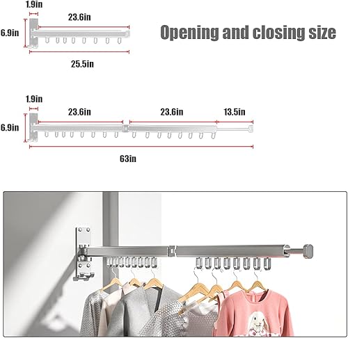 Miniatura 6 de BESTHLS Estante de secado de ropa montado en la pared para ahorrar espacio, diseño para balcón, vestíbulo, dormitorio plegable (2 polos negro)