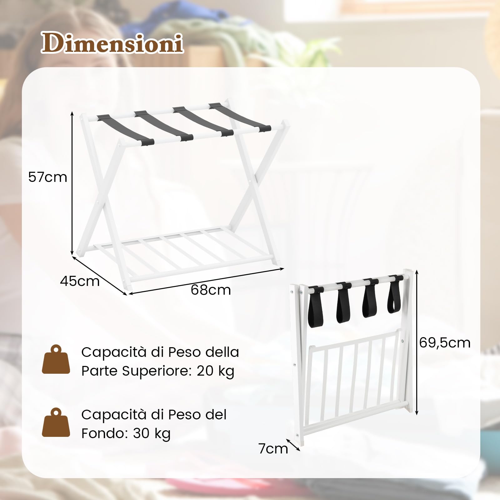 COSTWAY Portavaligie Pieghevole a 2 Ripiani, Cavalletto da Valigie in Metallo 68x43x56 cm Bianco