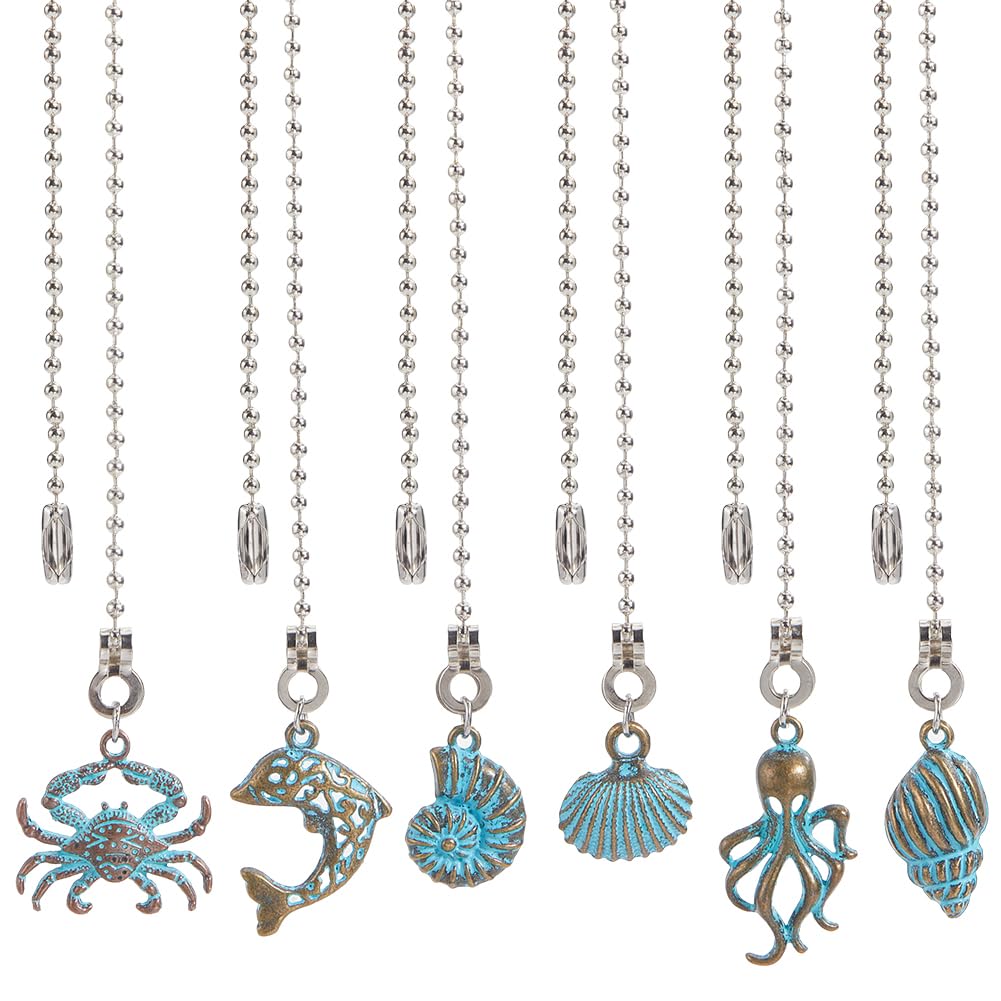 CRASPIRE 12Pcs Seashell Ceiling Fan Pull Chain Alloy Dolphin Crab Octopus Ocean Marine Animal Vintage Green Patina Hanging Pendant Charm Ball Chain Dangler Extension for Ceiling Fan Light Lamp Decor