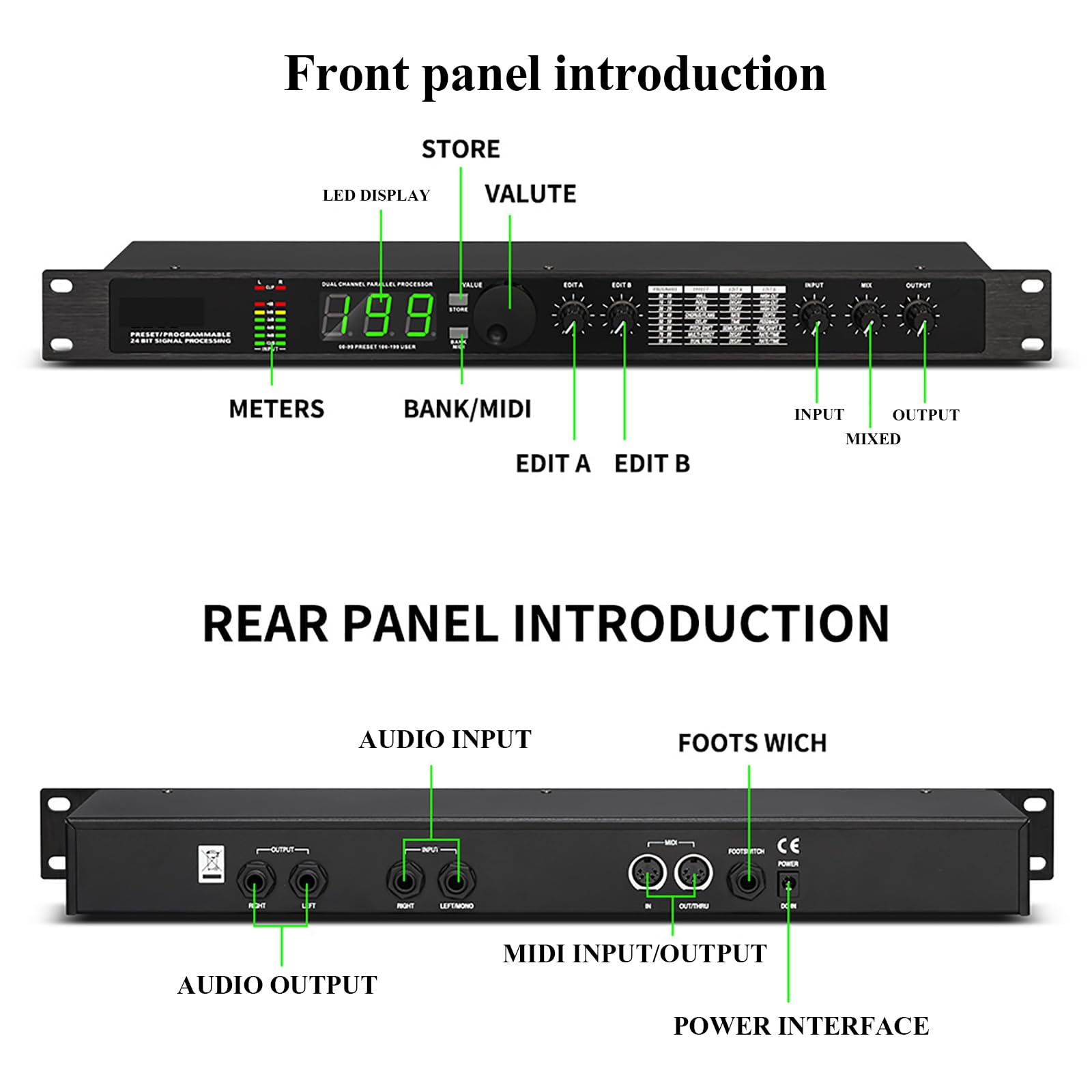 Ecualizador De Procesador De Audio, Procesador DSP De Reverberación Digital, Procesamiento De Señal Programable De 24 bits, 99 Programas Preestablecidos, Memoria para 199 Efectos De Sonido
