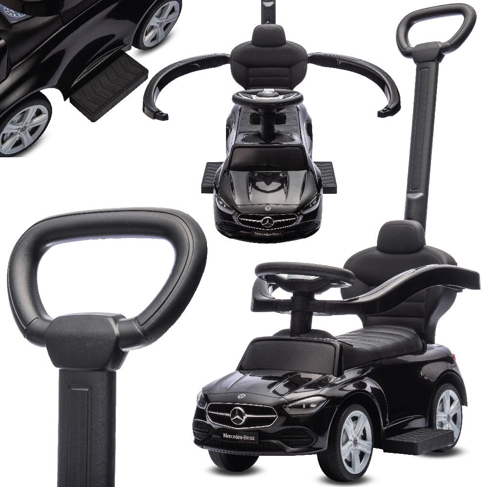 sun baby Rutschauto ab 1 Jahr Mercedes C-Class, Kinderfahrzeug für Jungen und Mädchen mit hohe Rückenlehne, Audio-Lenkrad, ausziehbare Fußstützen, Staufach (Schwarz)