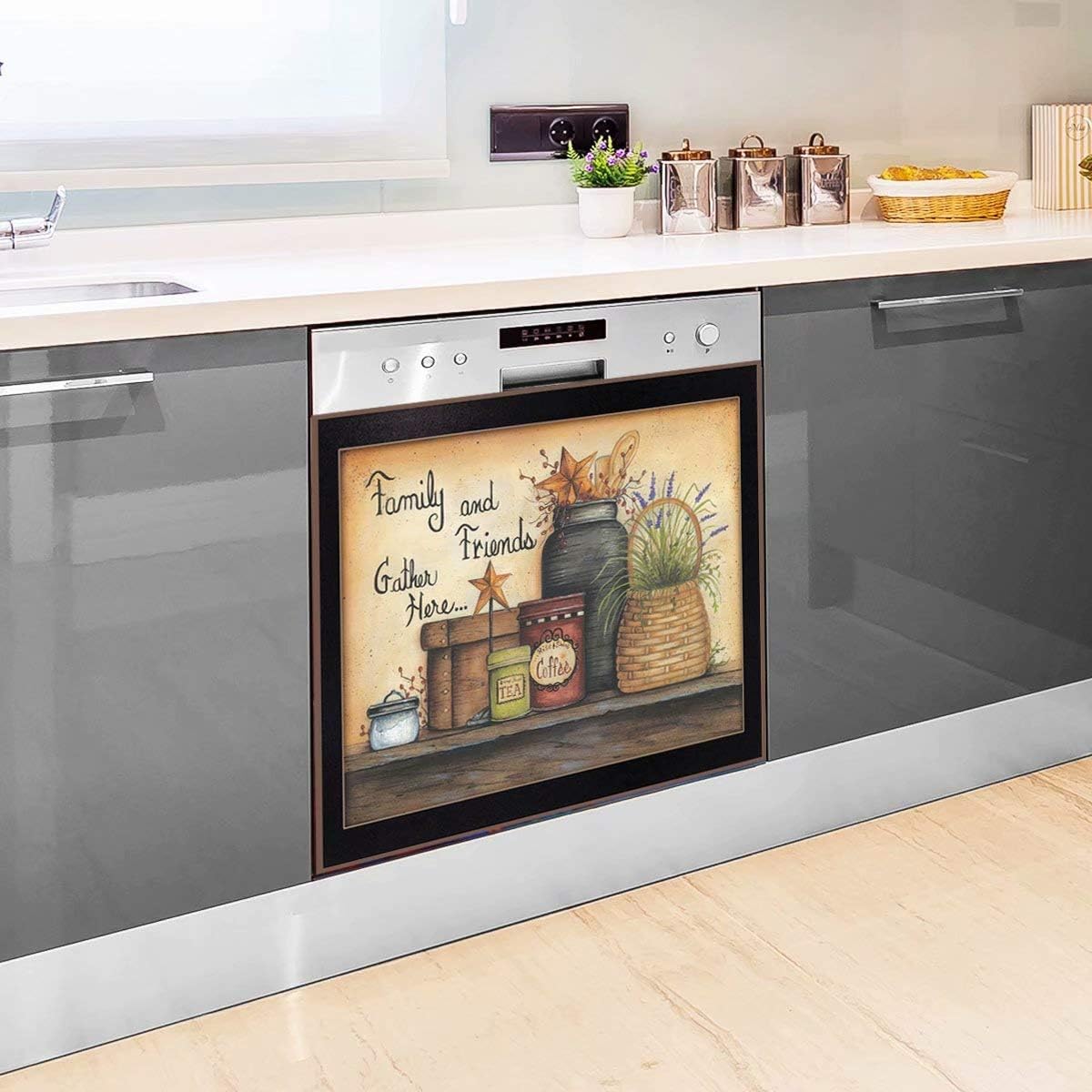Country Family Dishwasher Magnet Cover Barn Star Sticker,Kitchen Decor Primitive Folk Art Refrigerator Magnetic Decal Panels,Fridge Door Cover,Home Appliances Decor Stickers 23" Wx17 H