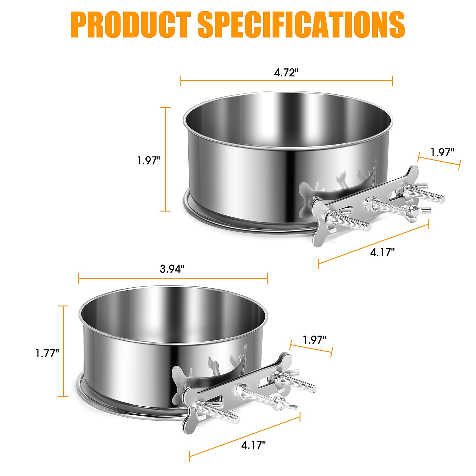 Dog Crate Dog Bowl, Beyoung 2 Pcs Stainless Steel Food Water Bowl Durable Anti-Spill Hanging Pet Bowls with Clamp Holder Crate Feeder Dish for Small Dogs Pets (4.7x2'' & 3.9x1.8'')
