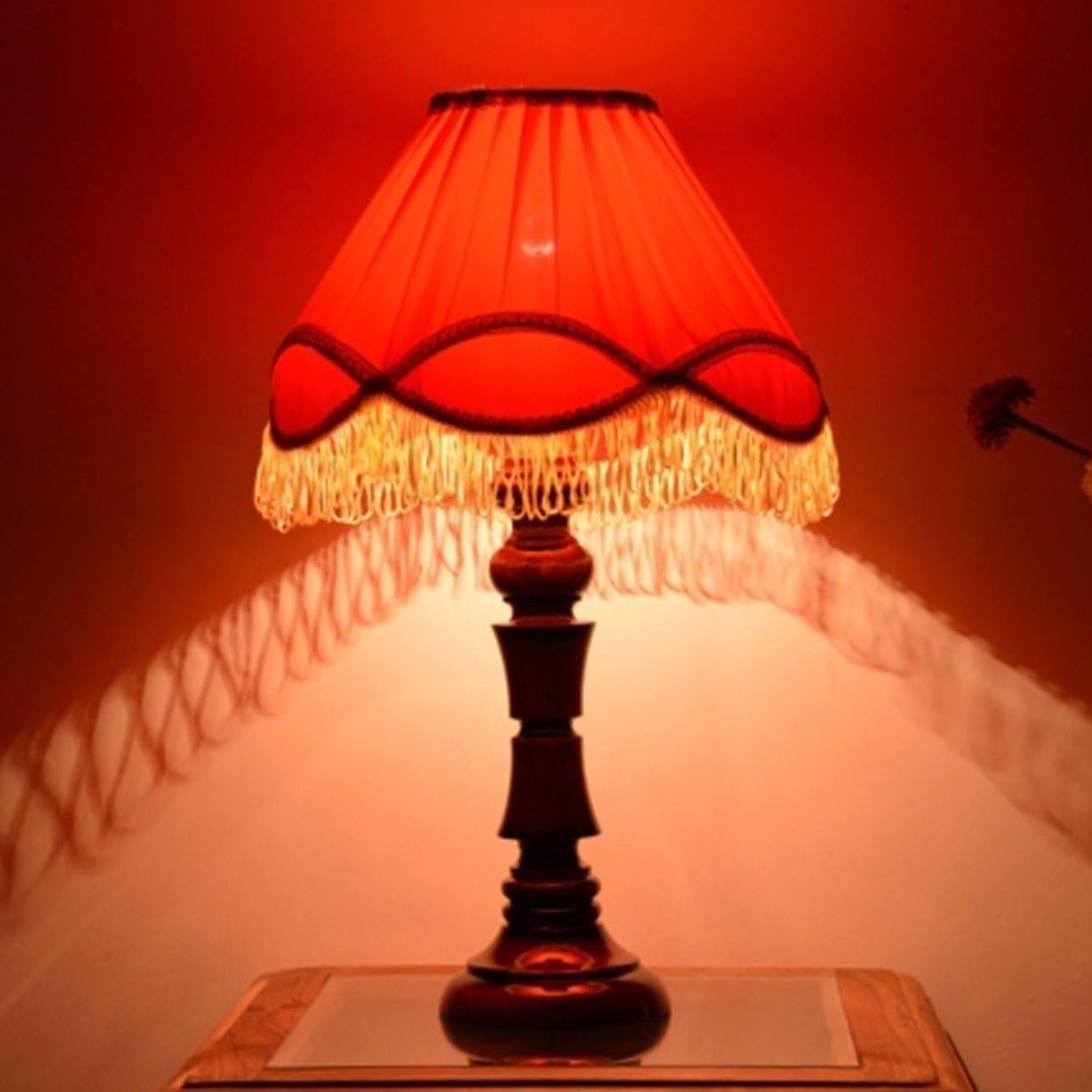RDC Wooden Designer Table Lamp with 12" Round Pleated Red with Golden Lace Border with Frills Lamp Shade