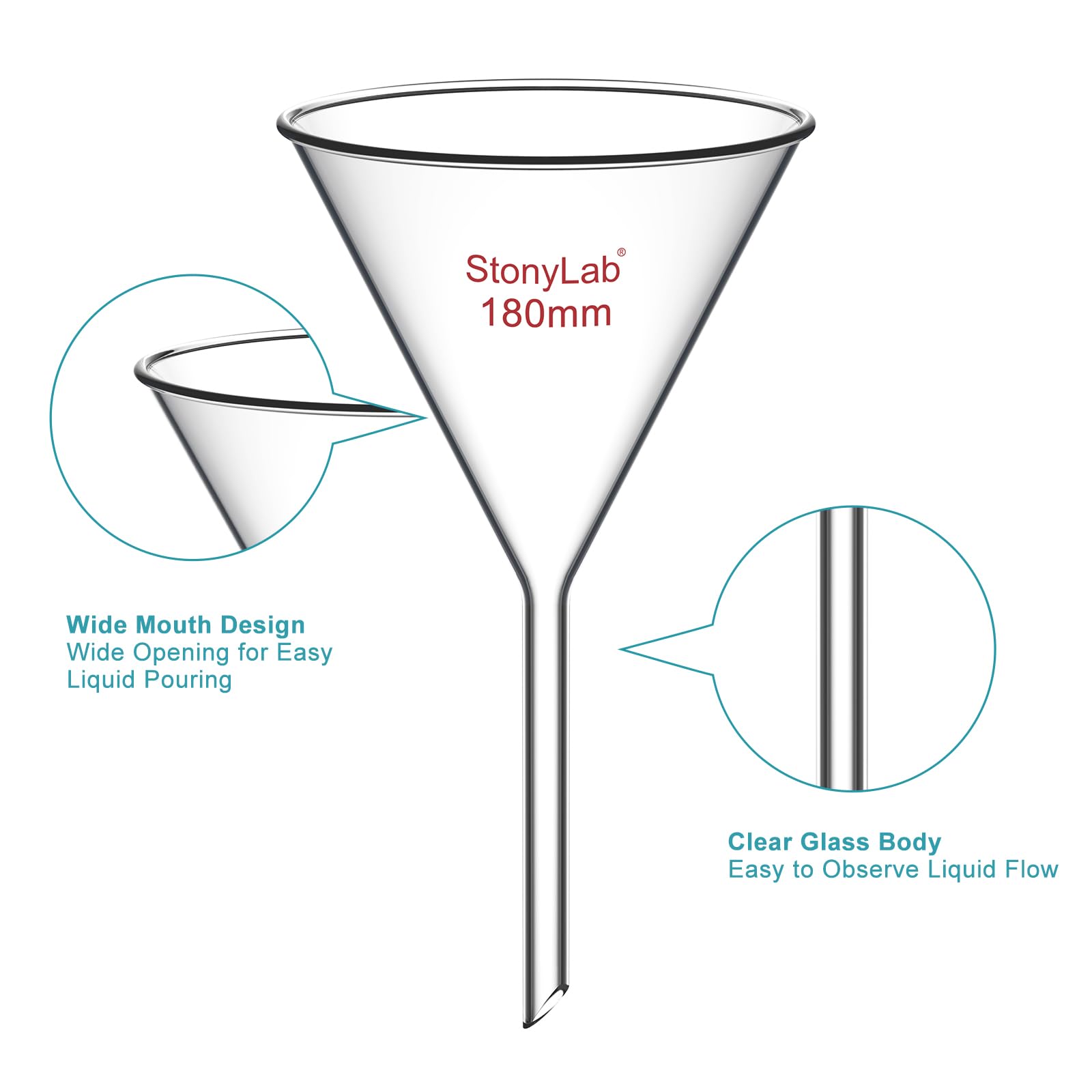 StonyLab 2 Stück Glastrichter Labor Borosilikatglas Trichter, Glass Funnel Kurzer Stiel 180mm Durchmesser, 170mm Stiellänge, Borosilicate Labortrichter