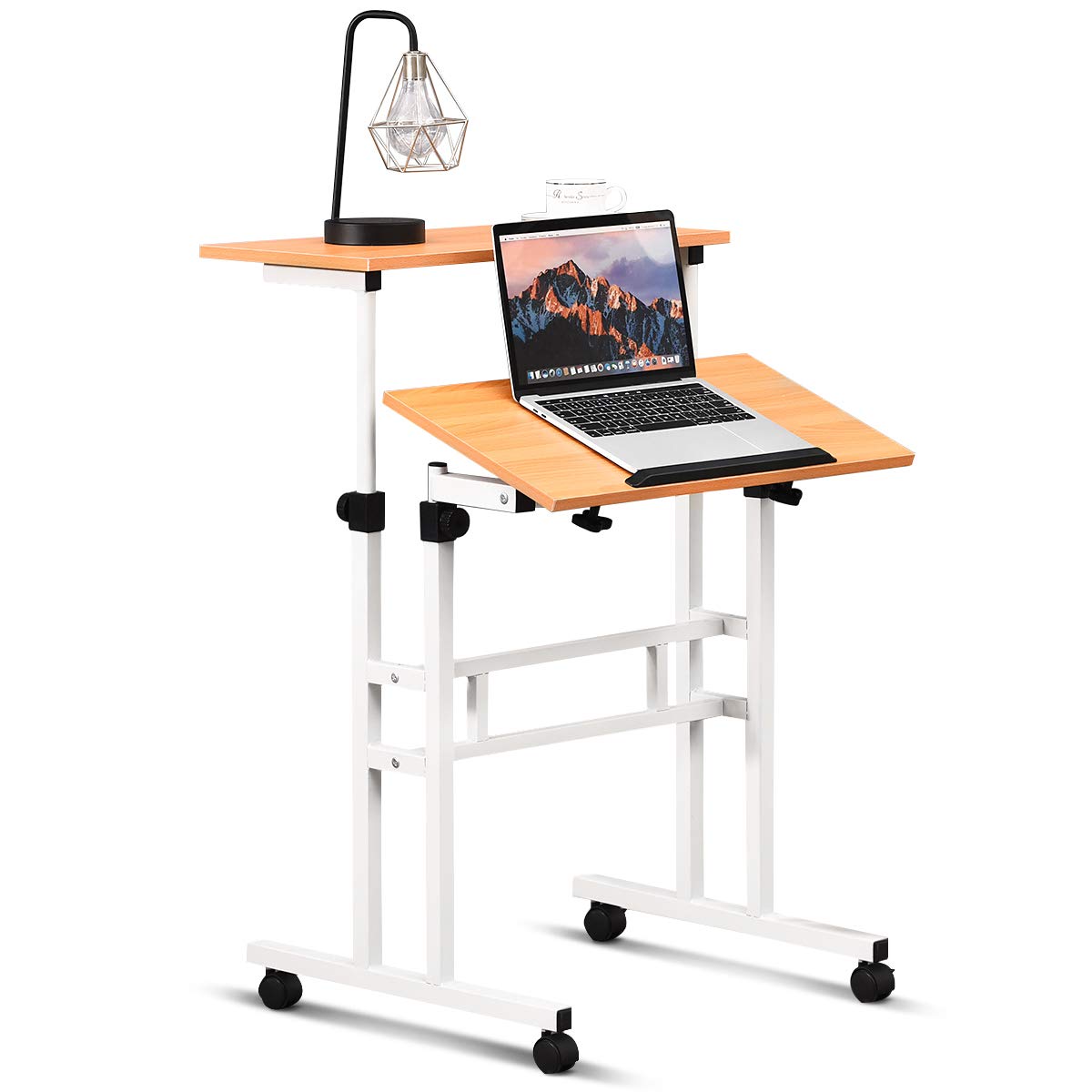 COSTWAY Stehpult höhenverstellbar, Sitz-Steh Schreibtisch auf Rollen, mobiler Stehschreibtisch mit neigbarer Tischplatte, 60 x 60cm Laptoptisch Stehtisch Workstation für Zuhause Büro
