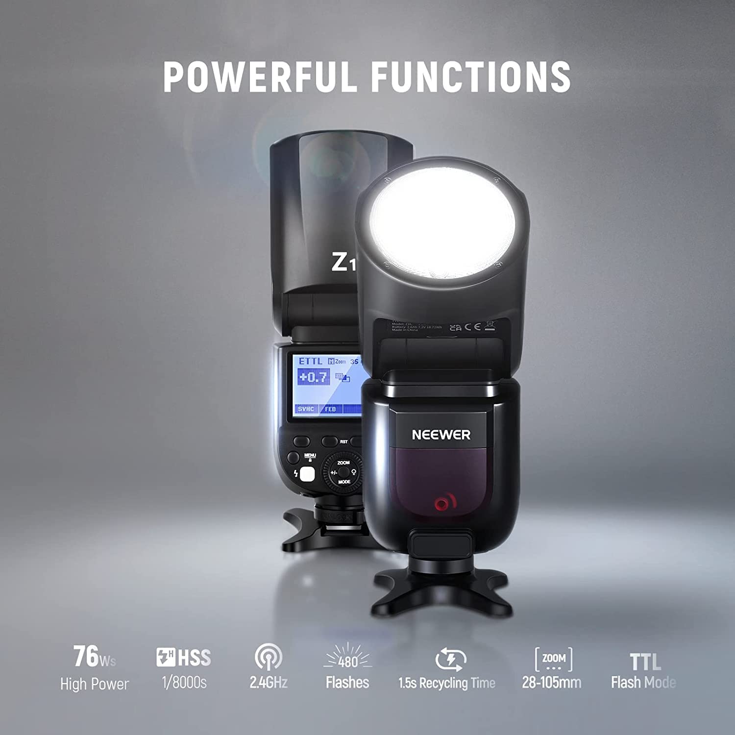 NEEWER Z1-C TTL lampa błyskowa Speedlite okrągła lampa błyskowa do aparatów Canon DSLR, 76 W 2,4 G 1/8000s HSS, 10 stopni LED lampa regulacyjna, Speedlight z akumulatorem litowym 2600 mAh, recykling w