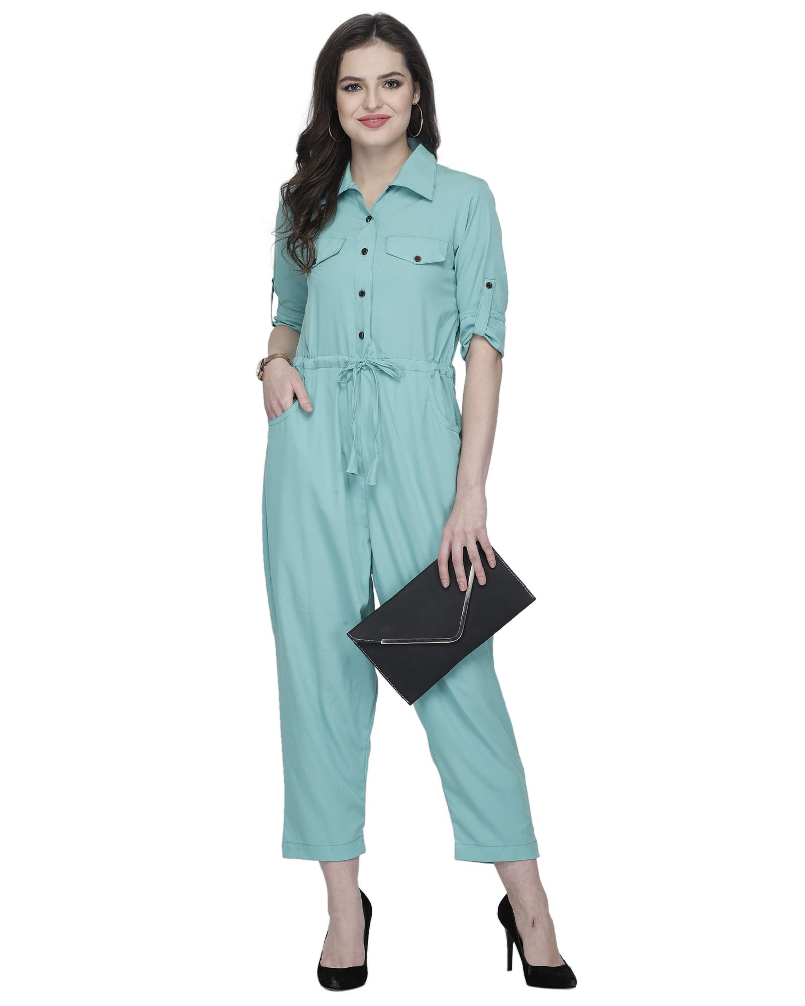 sayesha Turquoise Plain American Crepe Jumpsuit-picture-25