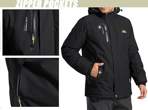 Miniatura 4 de TACVASEN Chaqueta de esquí para hombre, resistente al viento, abrigo de forro polar cálido para nieve, impermeable, con capucha, Negro -