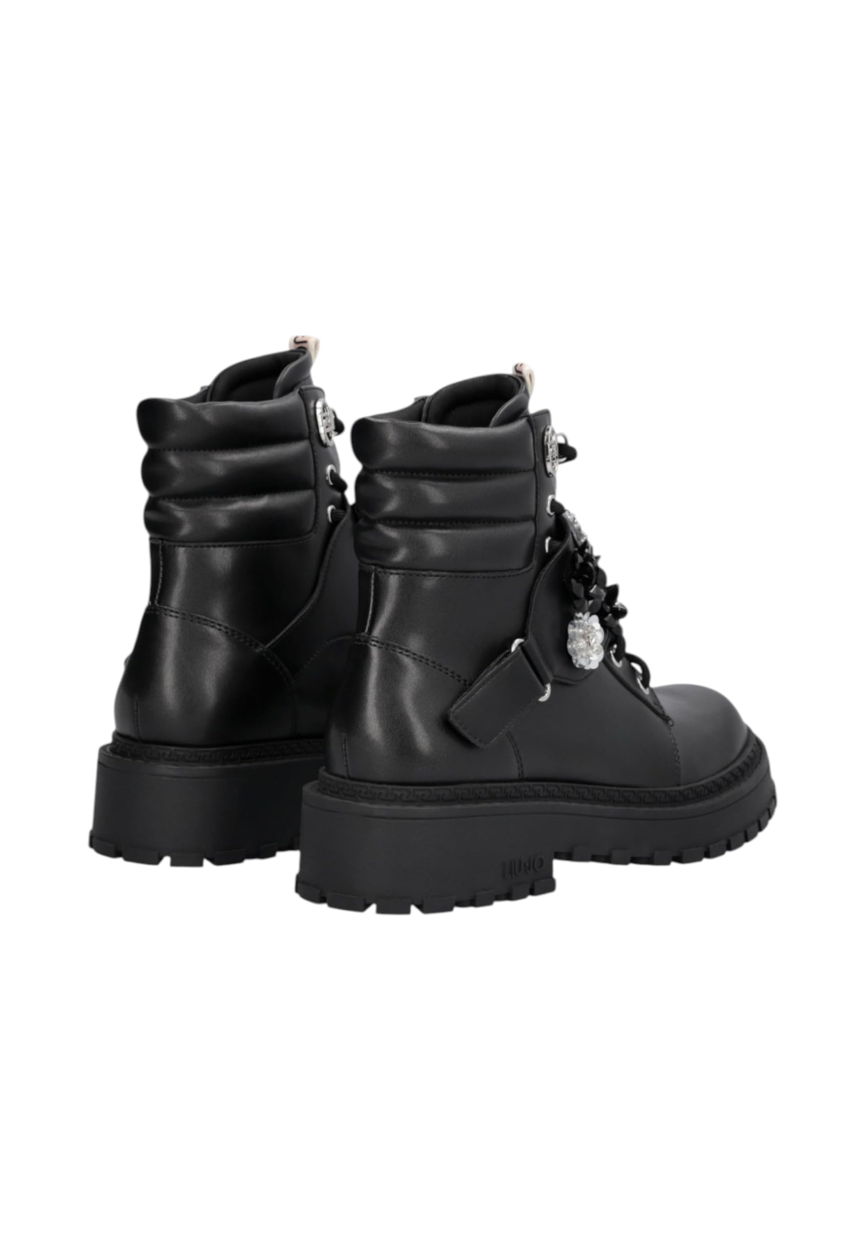 LIU JO Militärstiefel mit Kristallblumen, Schwarz, Leder, Gummisohle, Kampfstil
