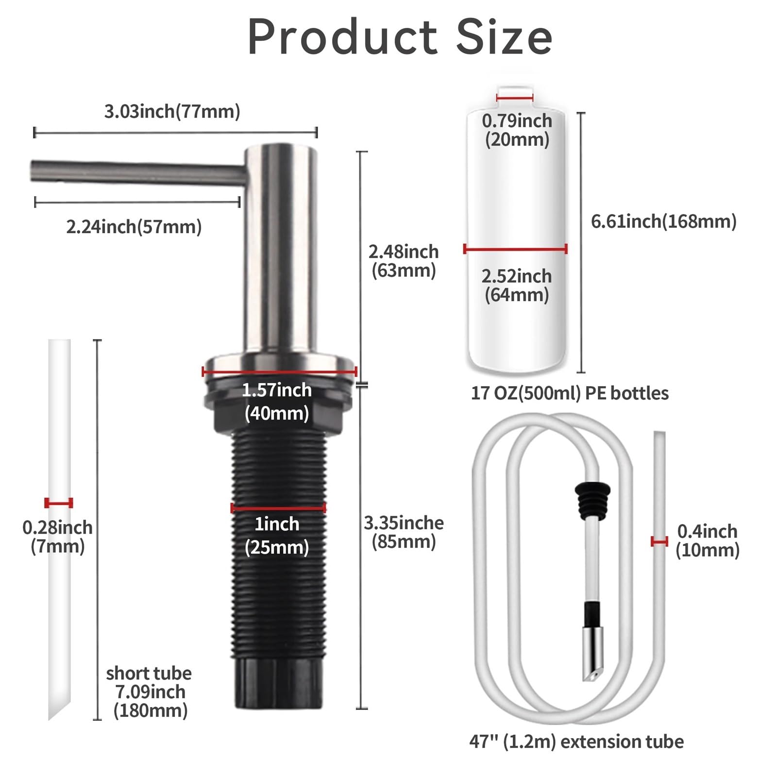 Dispensador de jabón de Cocina Dispensador de jabón sólido Acero Inoxidable 304 for Fregadero Cocina con Botella 17 onzas y Kit Tubo extensión 47 Pulgadas para Fregadero