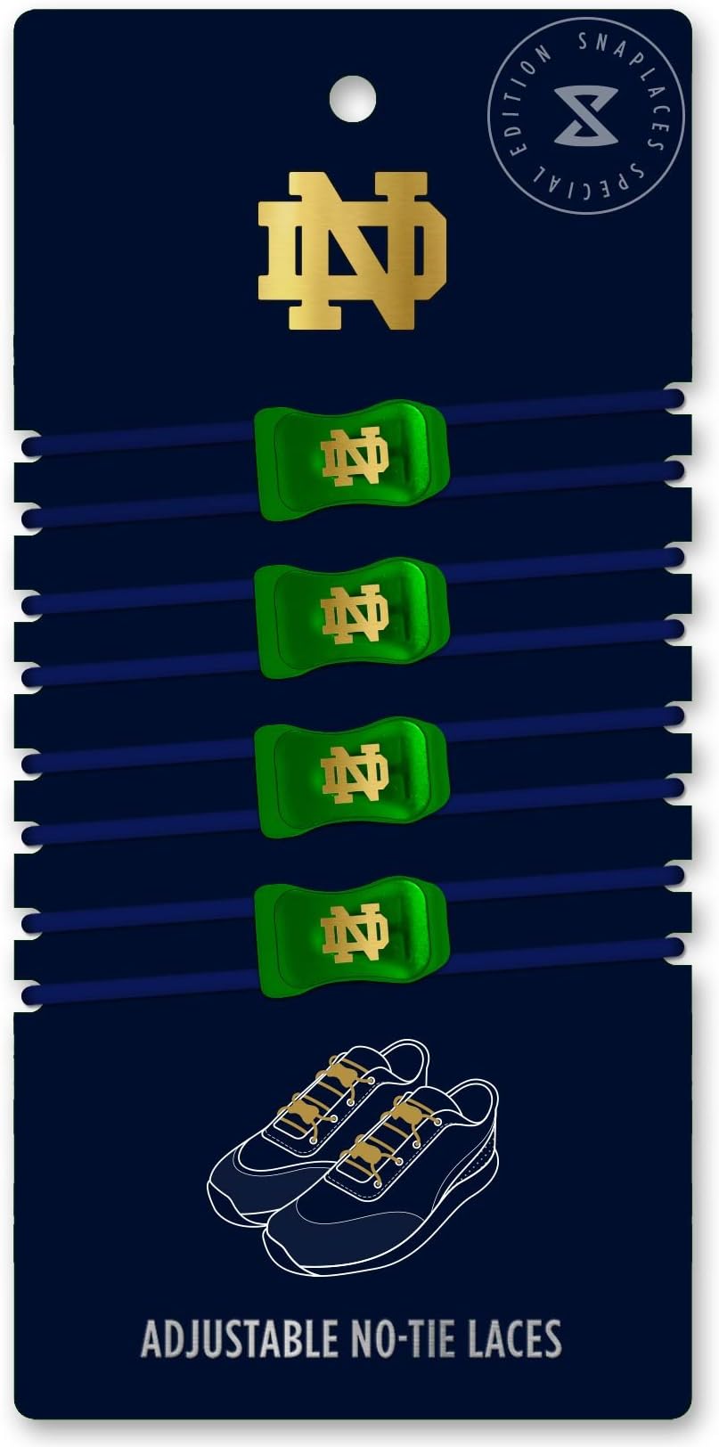 Notre Dame - Elastic No-Tie Adjustable Laces, Perfect for Fans, Kids, Adults and Athletes. One size fits all. (Navy & Gold / Gold Logo)