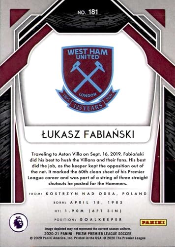 Miniatura 2 de 2020-21 PANINI PRIZM PREMIER LEAGUE #181 LUKASZ FABIANSKI WEST HAM UNITED SOCCER OFFICIAL TRADING CARD OF SOCCER