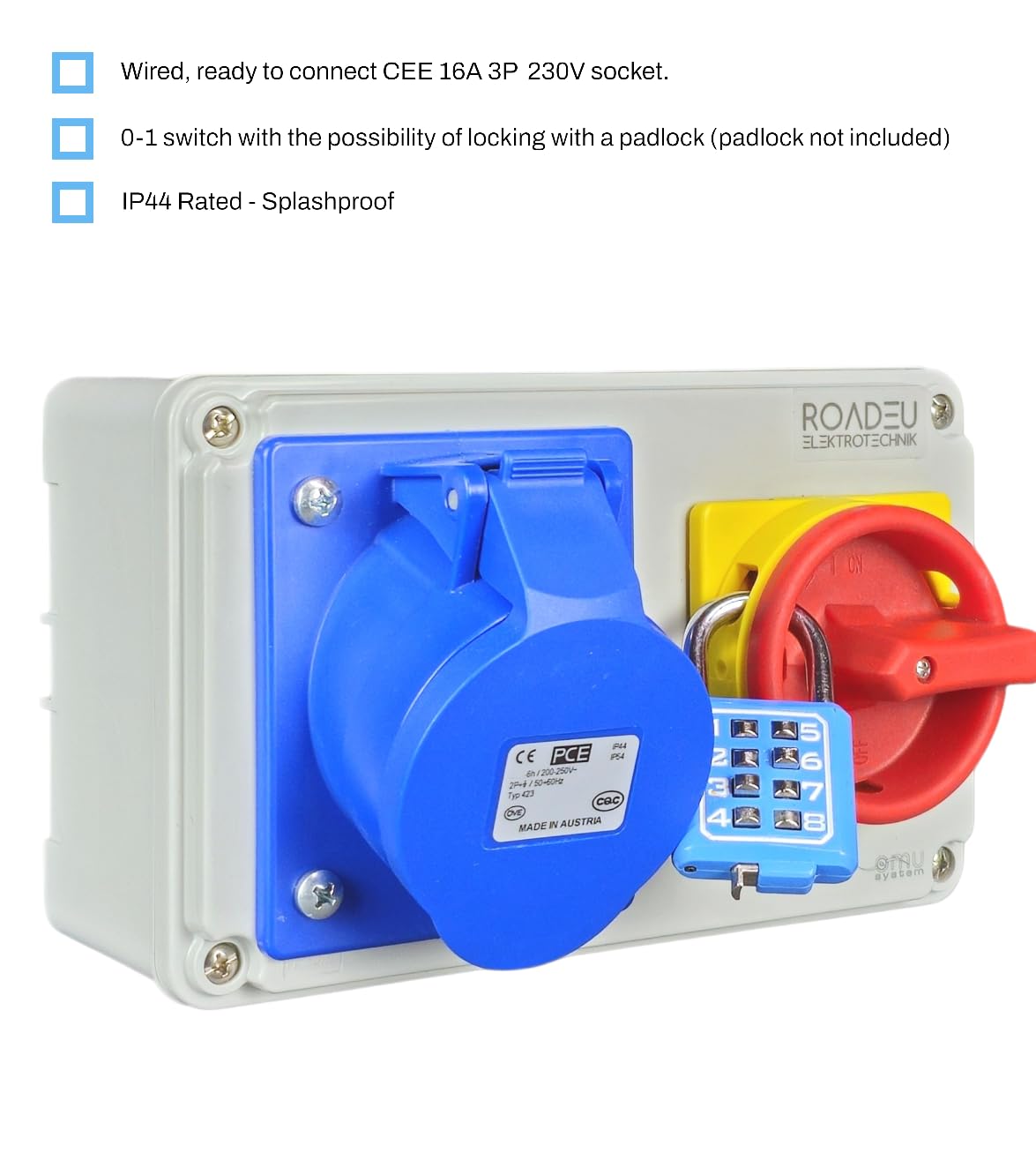 RoadEu - 16 A Presa Schuko 3P 230 V - Presa CEE monofase con interruttore bloccabile. IP44