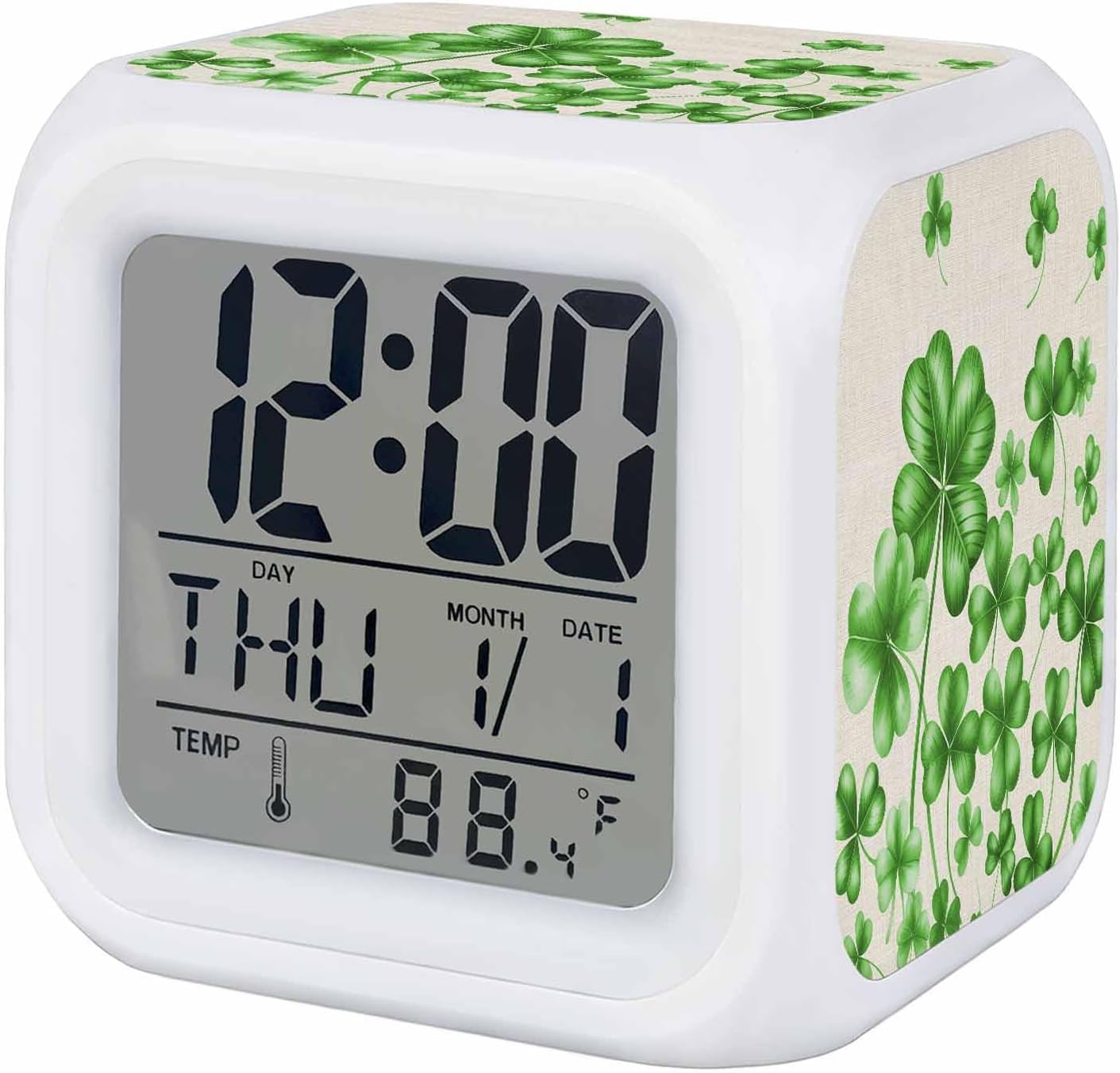 Alarm Clocks,Spring St. Patrick's Day Shamrocks Leaves Cube LEDs Digital Clock Display Time/Date/Temperature,Nature Green Plant Desk Clocks with Snooze and Nightlight Cubic Clock for Bedroom Office