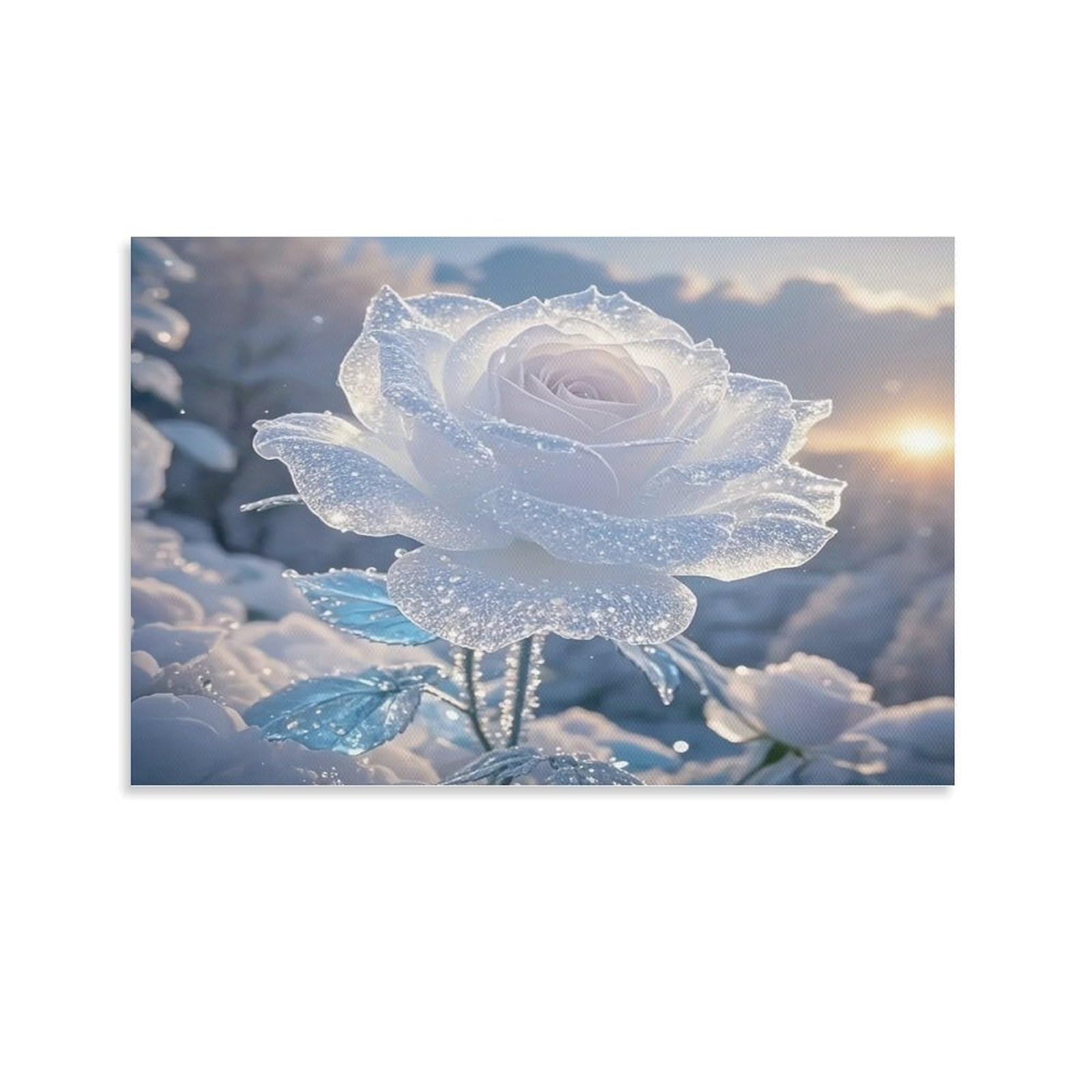CPLVKWRQJ Snowy White Rose Single Transparent Crystal Rose Soft Sunset Backdrop Canvas Print - Living Room Gallery Wall Statement Piece Fade Resistant Ready to Hang 24x36inch(60x90cm)
