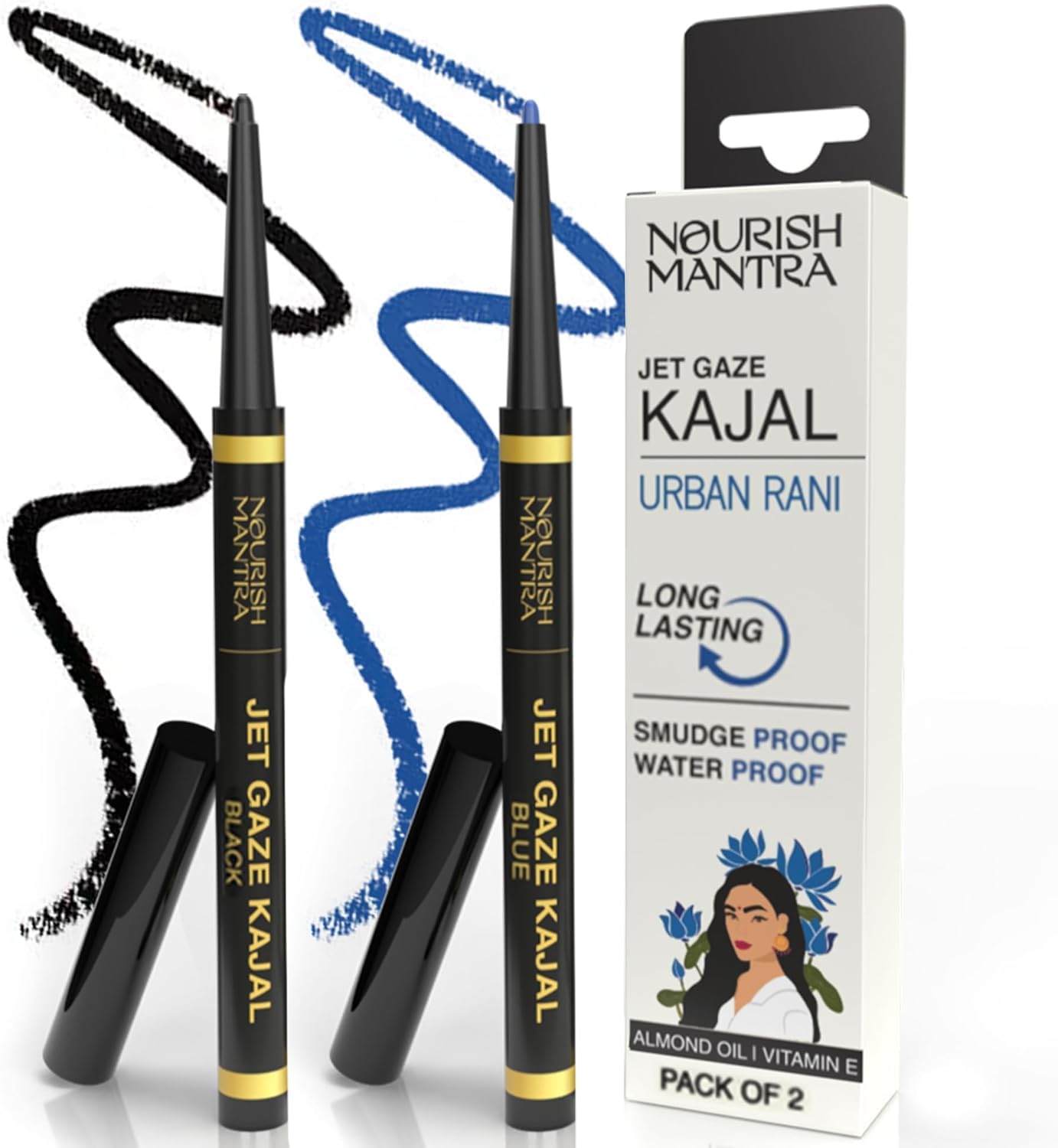 Nourish Mantra’s Jet Gaze Kajal Urban Rani - Combo - Black & Blue 0.35g/ Made Argan Oil & Vitamin E/Intense Pigmentation/Long Lasting/Retractable Kajal Pencils