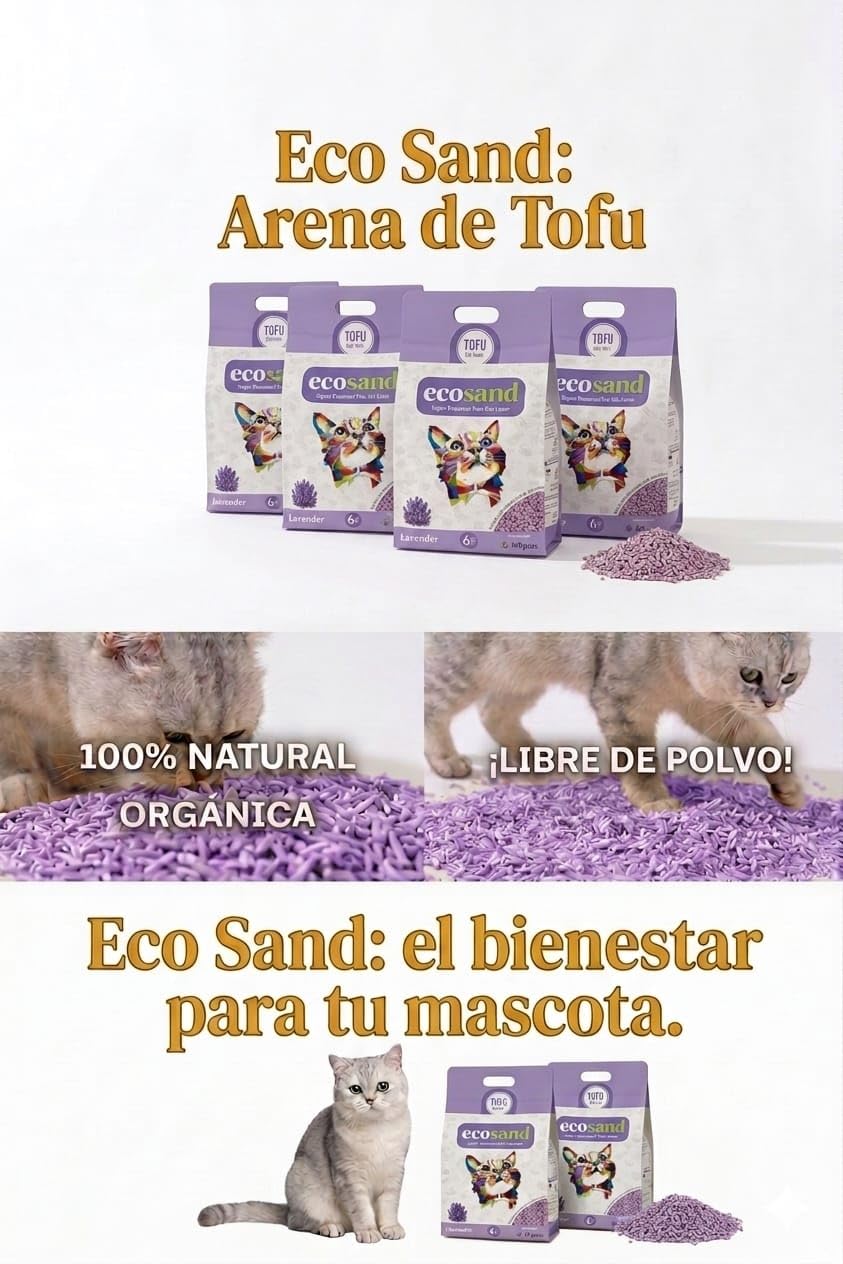 EcoSand Arena para Gatos de Tofu – Súper Premium, Suave y Aglutinante, Ecológica y Biodegradable, Control de Olores, Aroma Lavanda – 24L Pack de 4