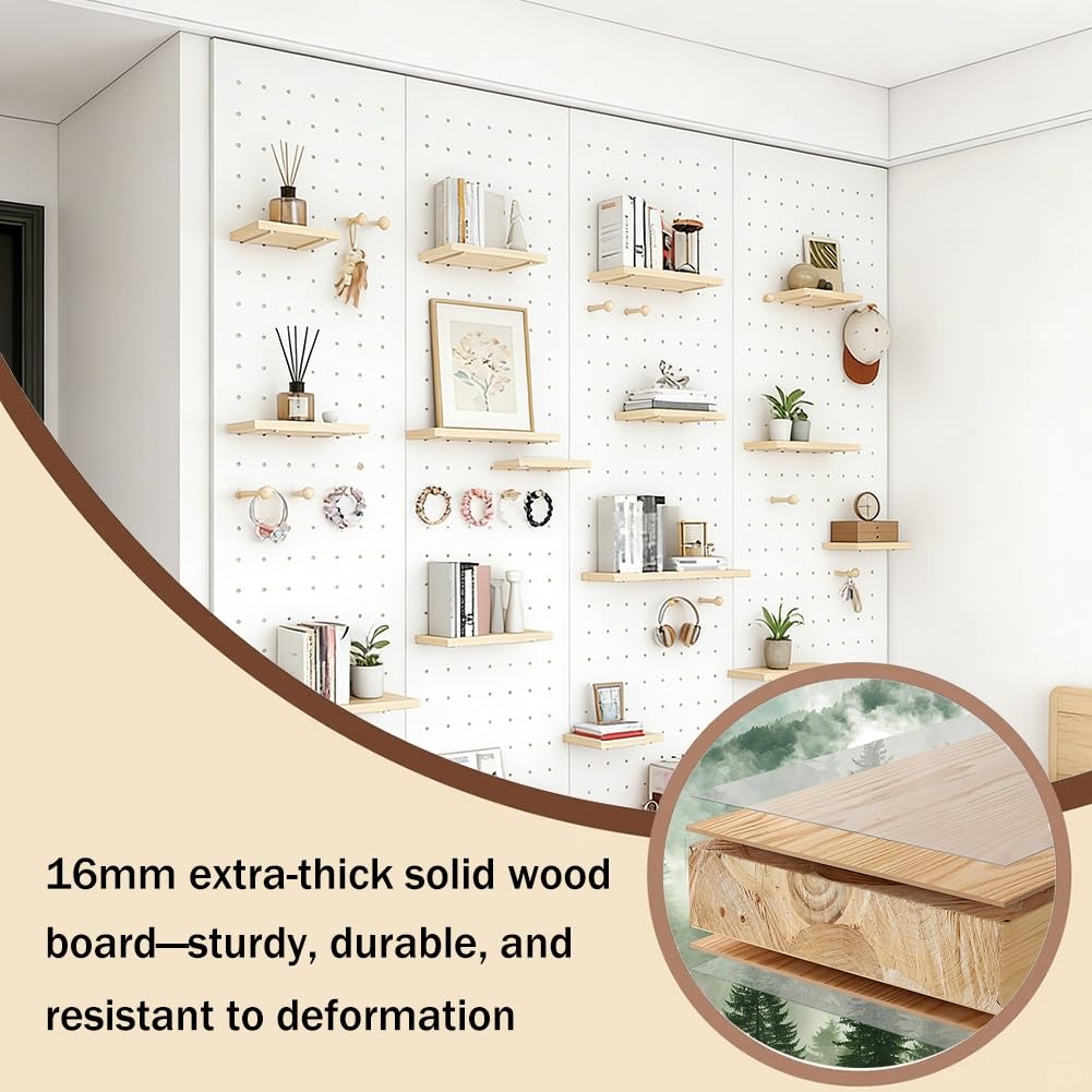 Kit de combinación de tablero de clavijas montado en la pared con estante, tablero de madera maciza de 16 mm de grosor para organización de talleres, oficina en casa, manualidades, almacenamiento
