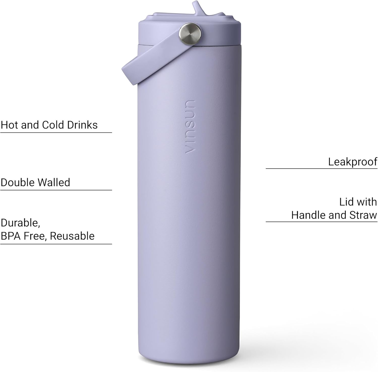 Vinsun Drinking Bottle Stainless Steel Purple 750 ml - Straw, Leak-Proof, Double-Walled Insulated, BPA Free - Lightweight Thermal Flask for Fitness, School, Office, Travel