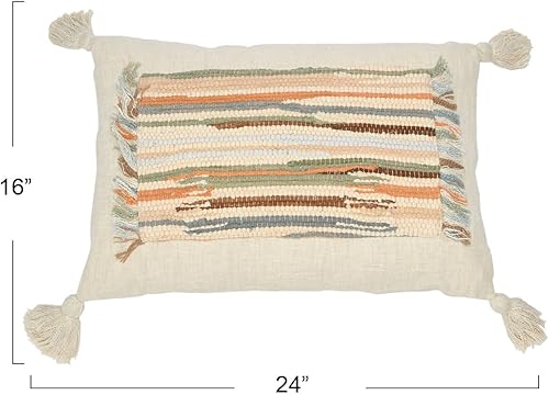 Miniatura 3 de Creative Co-Op Tejido de algodón con apliques lumbares, almohada con flecos y borlas, 24 pulgadas de largo x 16 pulgadas de ancho x 2 pulgadas de