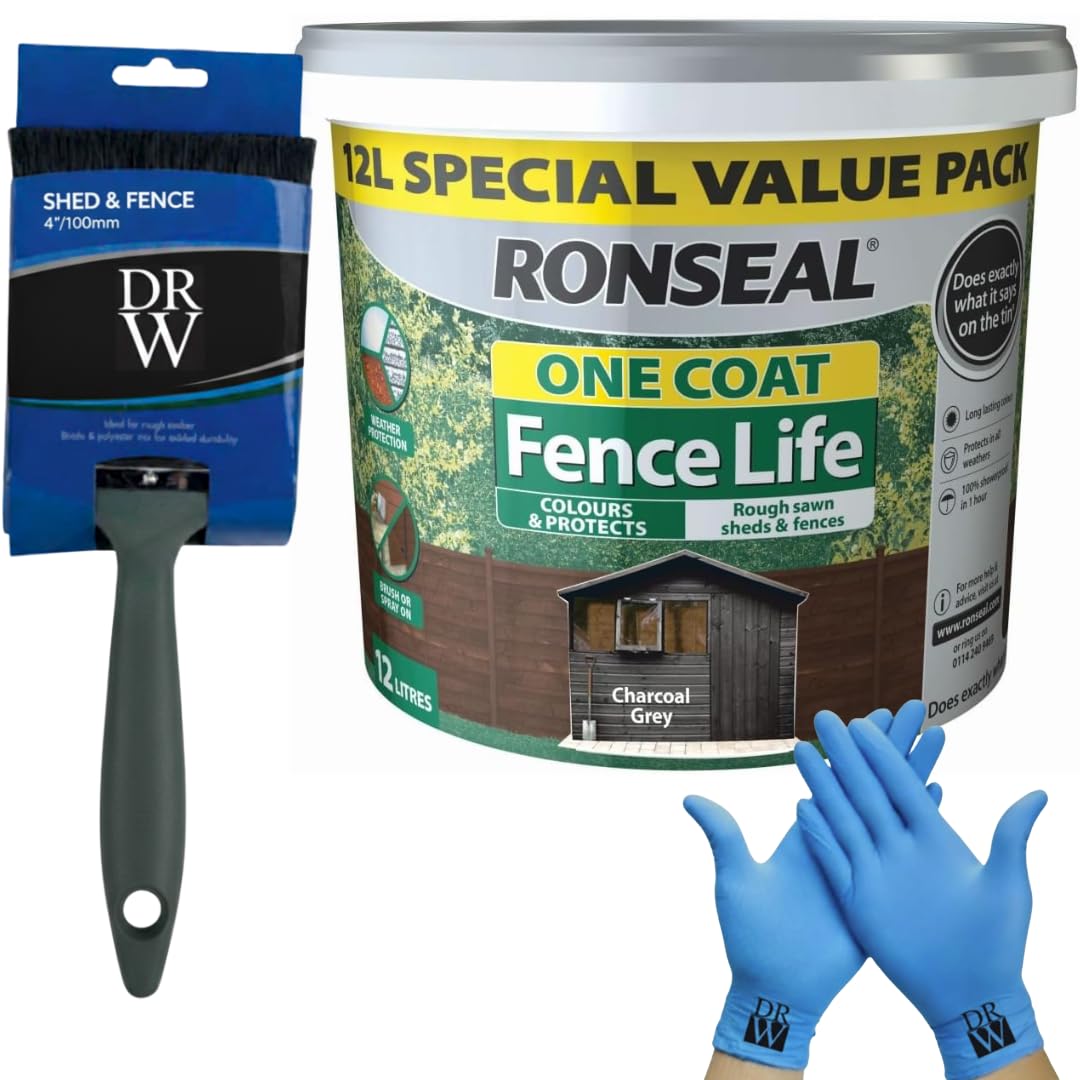 Drw Charcoal Grey One Coat Shed & Fence Protector 12L + Free 4" Fence Paint Brush & Nitrile Gloves | Long-Lasting Weatherproof Wood Protection | One Coat Formula For Sheds, Fences & Timber