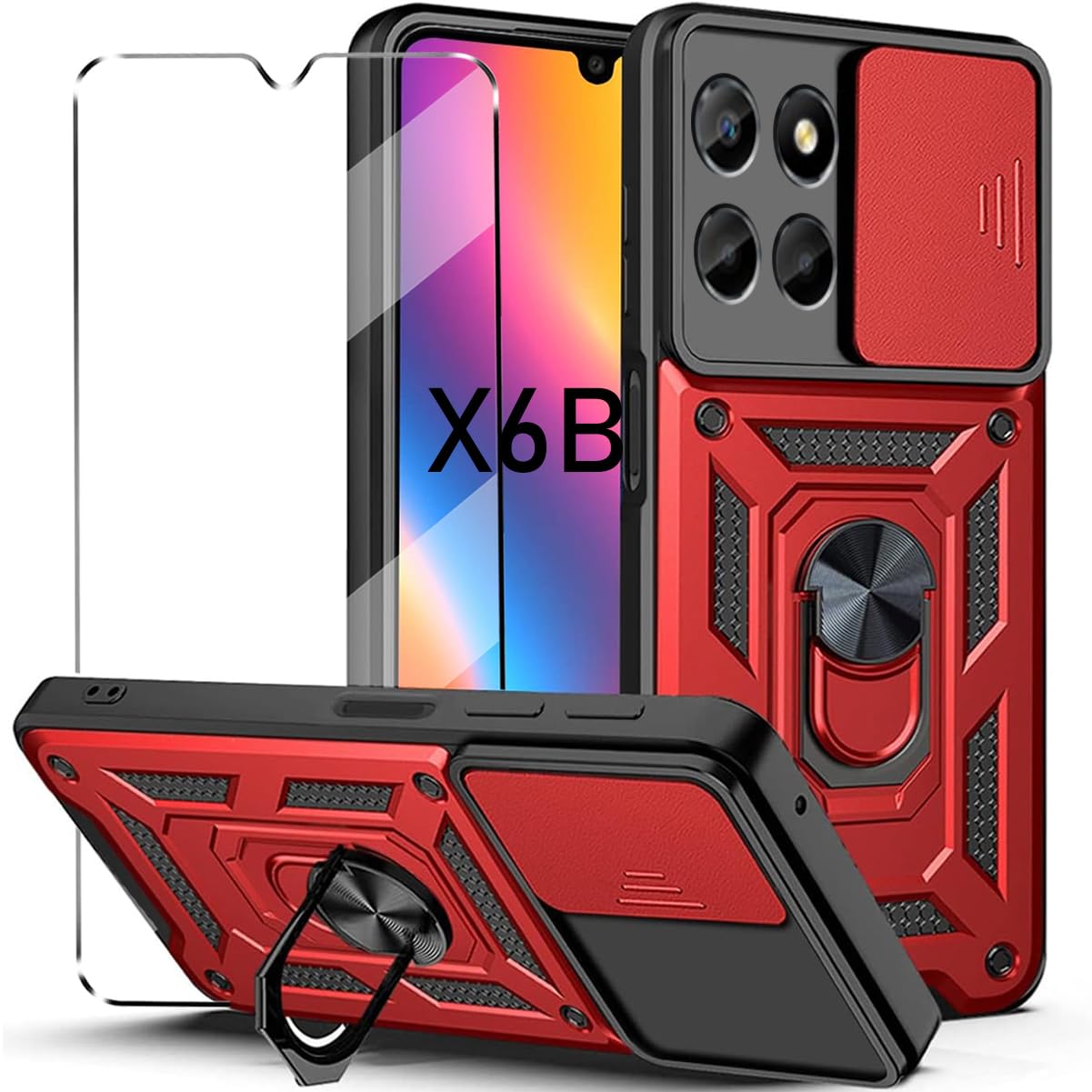 Honor X6B 2-in-1 Tempered Glass Case with Slide Camera Protection, Heavy Duty Military Grade Protective Cover, Phone Holder, Red