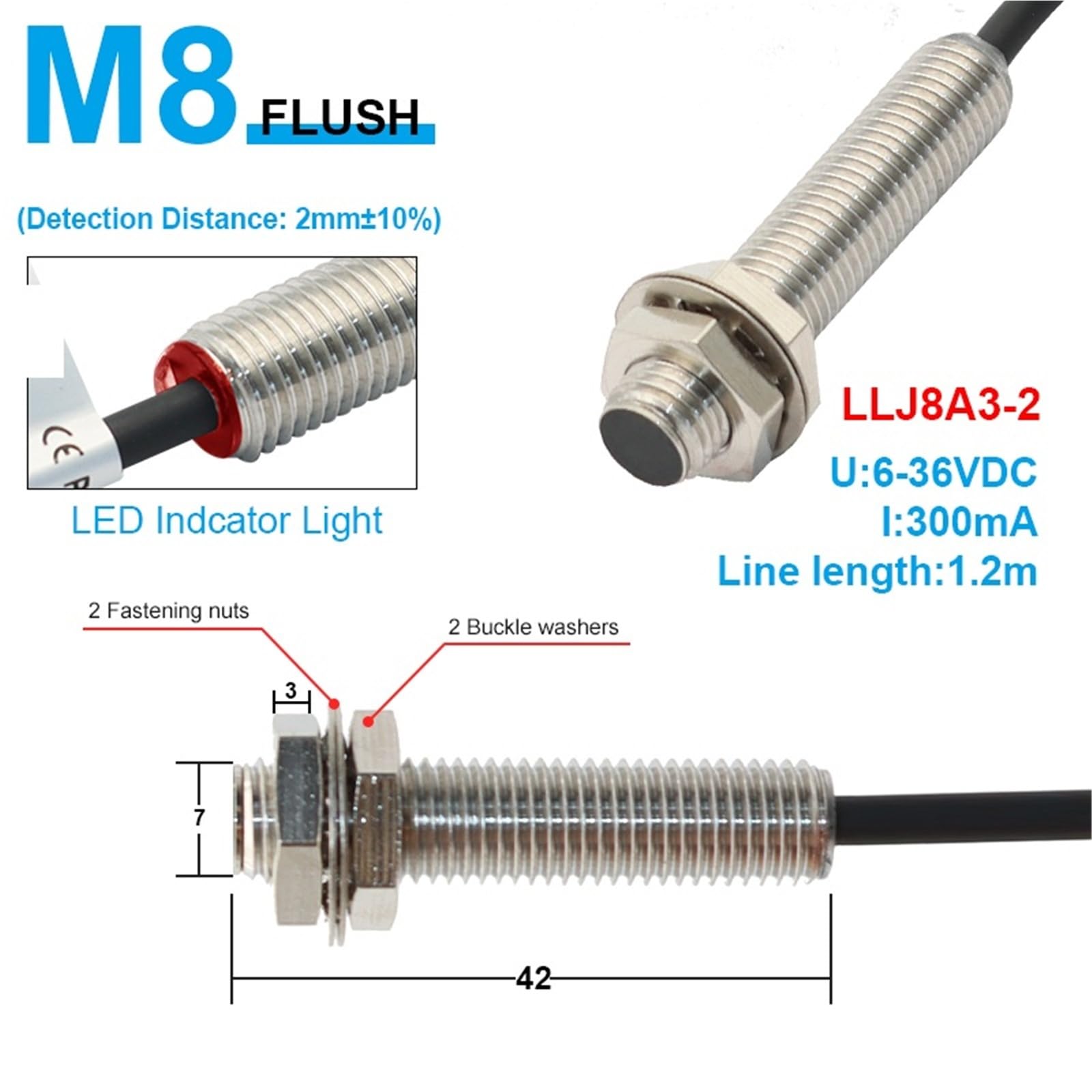 Capteur de proximité longue Distance M8 M12 M18 M30, plage détection 2/4 4/8 10/15 15/25mm PNP NPN NO NC LLJ12A3 AC DC 6-36V(LLJ8A3-2,PNP NC)