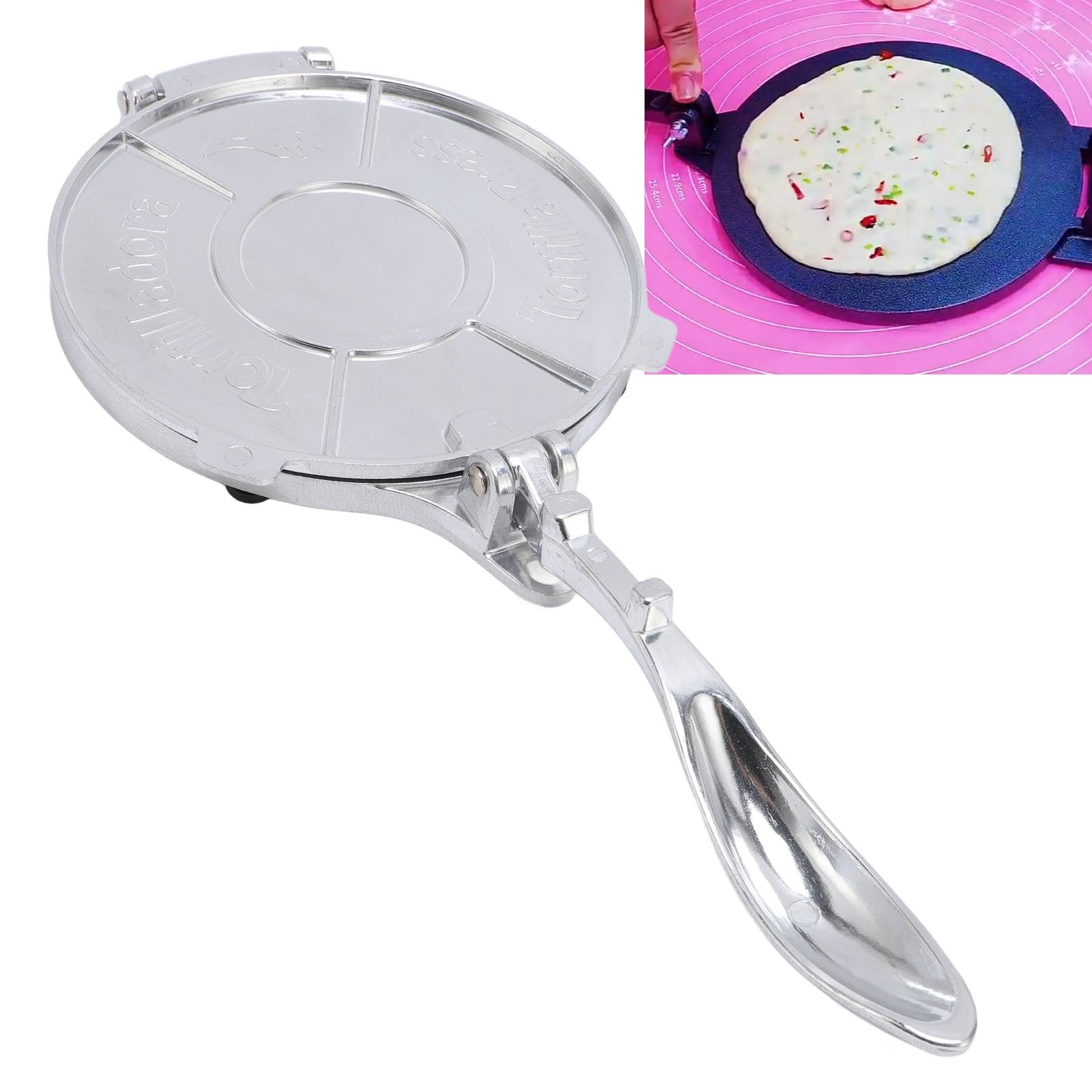 Tortilla Press 8in Cooker Aluminium Alloy Dough Press Tortilla Thinning Multifunctional Kitchen Utensil Tool (Silver)