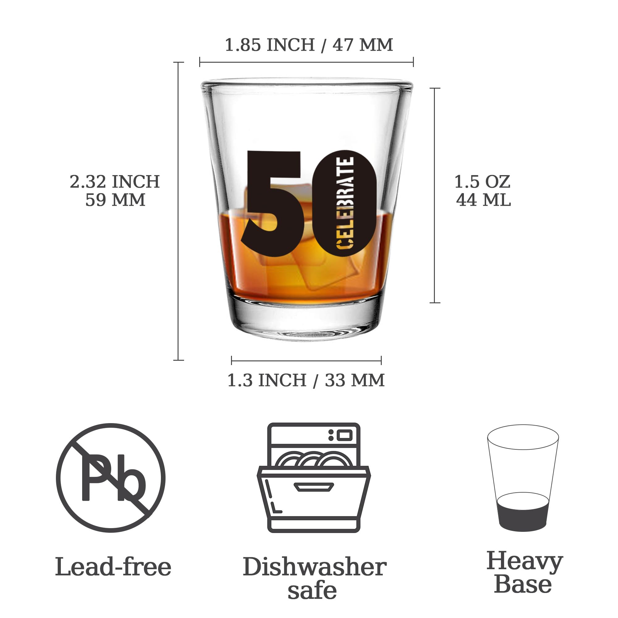 Juego de 6 vasos de chupito de 50 cumpleaños, 1.5 onzas, 50 vasos de chupito transparentes con base pesada, decoraciones de cumpleaños para mujeres, hombres, regalos divertidos de cumpleaños