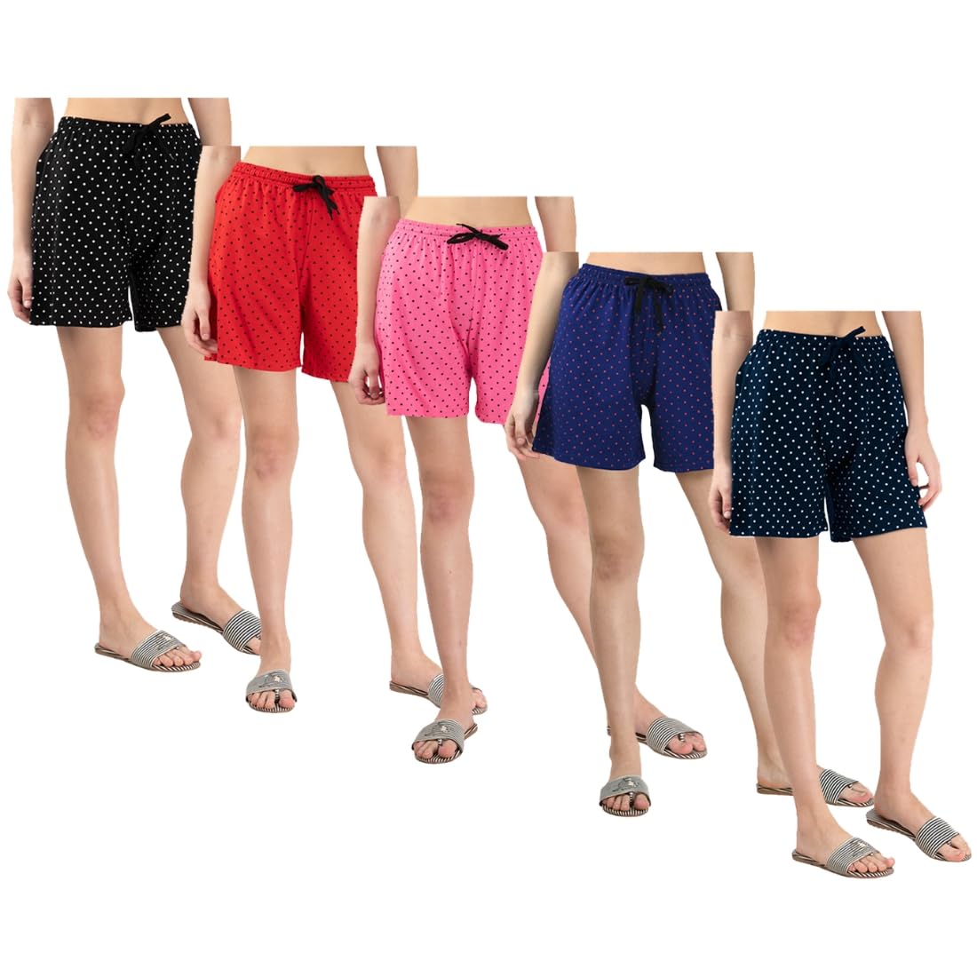 kayu Pack of 5 Women’s Polka Dot Printed Shorts with Drawstring Waist – Comfortable Casual Lounge Wear, Breathable Fabric, Stylish Summer Sleepwear Shorts for Women-picture-39