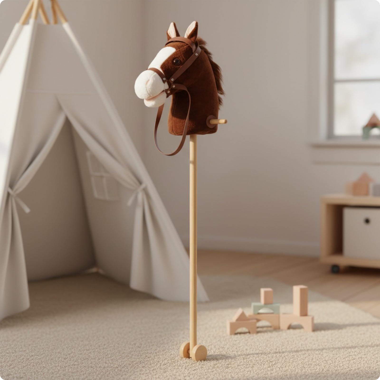 Almencla Bastone con Cavezza e Redini Leggero di Peluche con Bastone e Ruote Educativo Cavalluccio a per Bambini, Travestimenti,