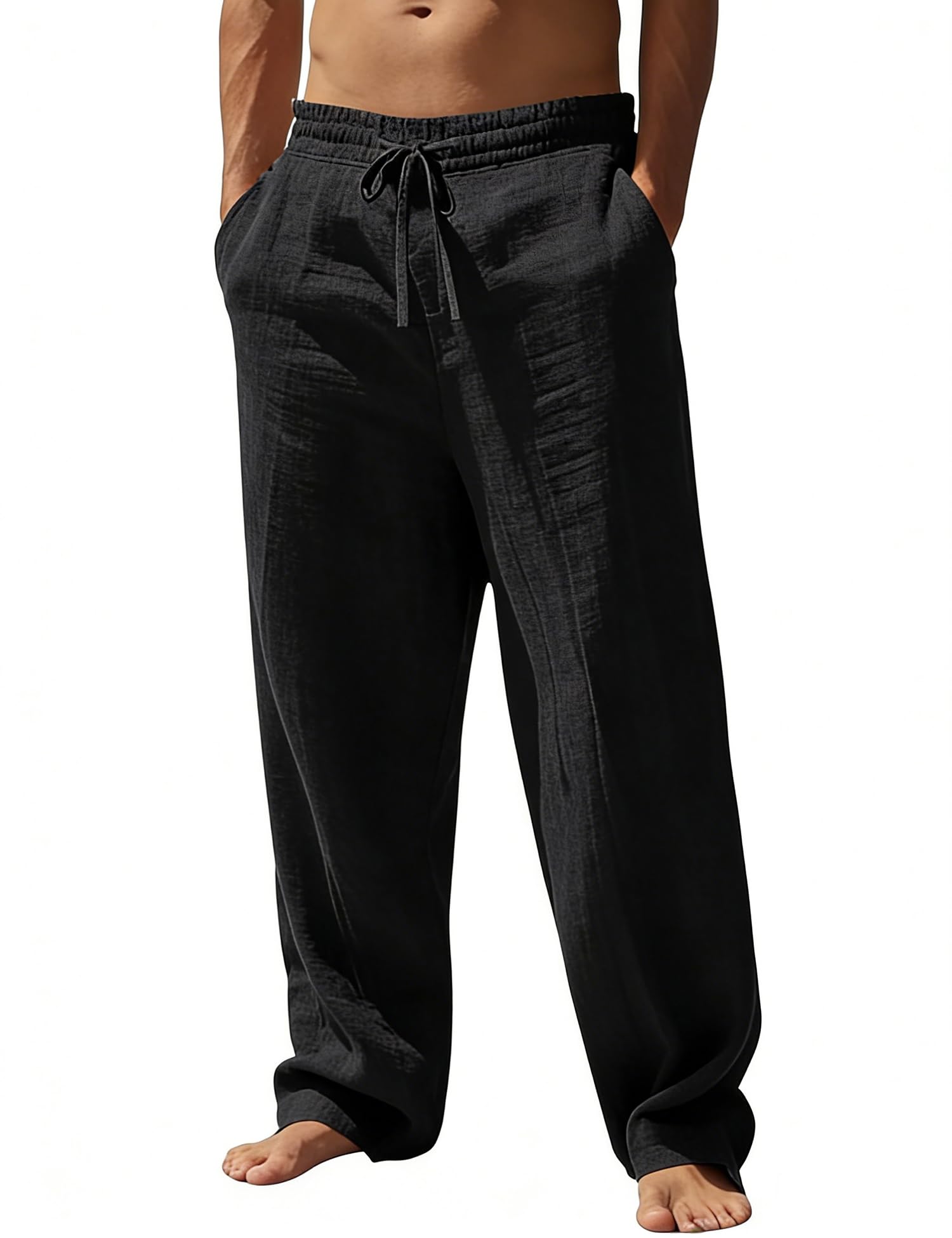 SWOMOG Mens Casual Cotton Linen Pants Drawstring Loose Fit Summer Beach Pants Lightweight Trousers with Pockets Black Large