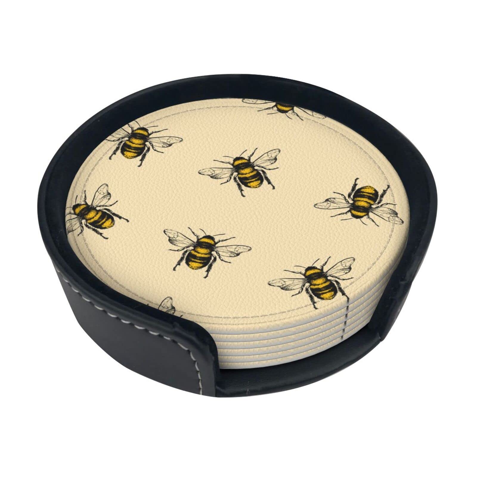 Alteko Honey Bee Coasters Set Of 6 Print Leather Coasters For Drinks,Home Décor And Housewarming Gift