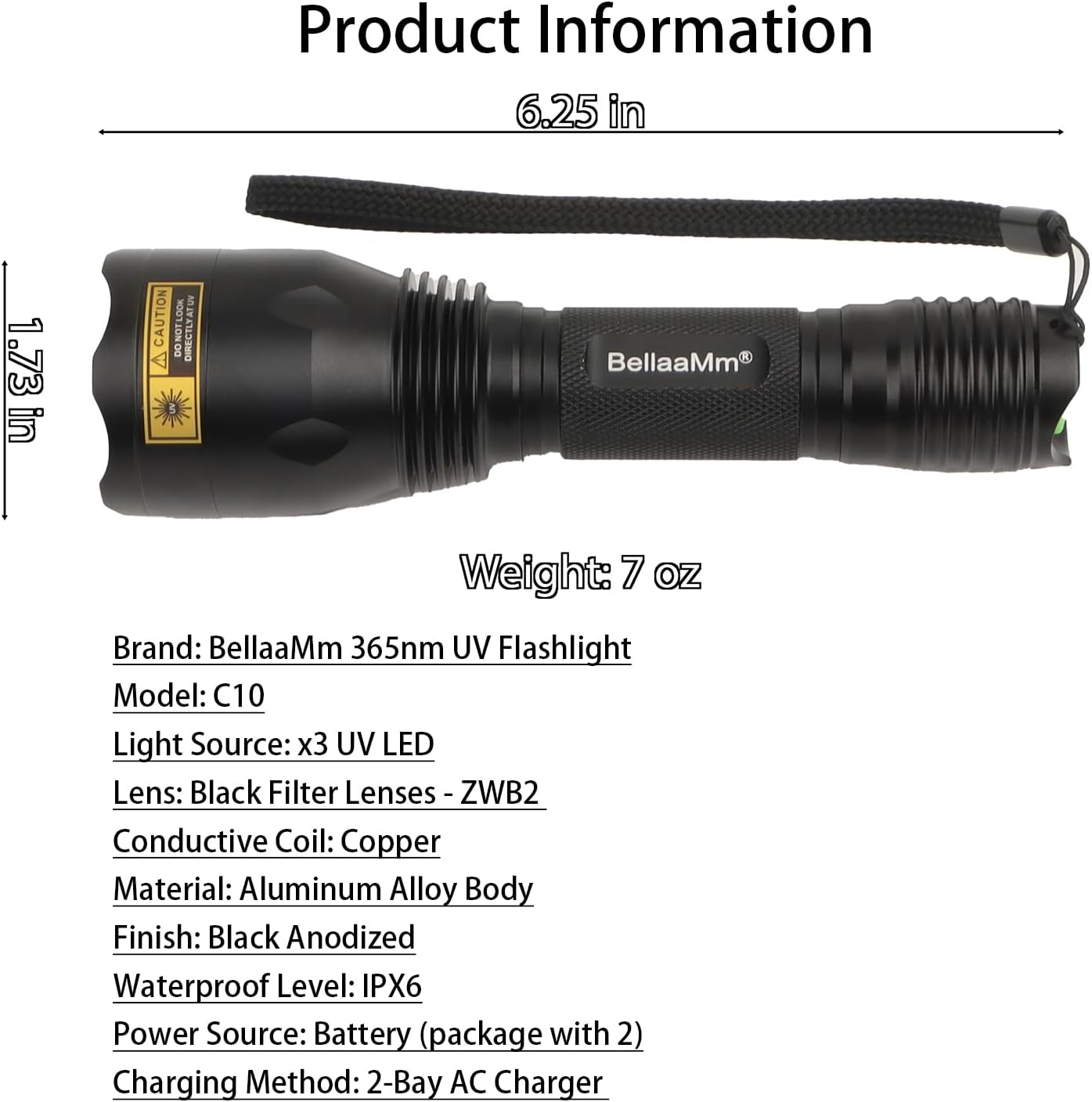 C10 365nm UV Flashlight Blacklight Flashlights with Filtered, Longwave 365 nm UV Light Black Light for Pet Urine Detector, Scorpion, Rocks