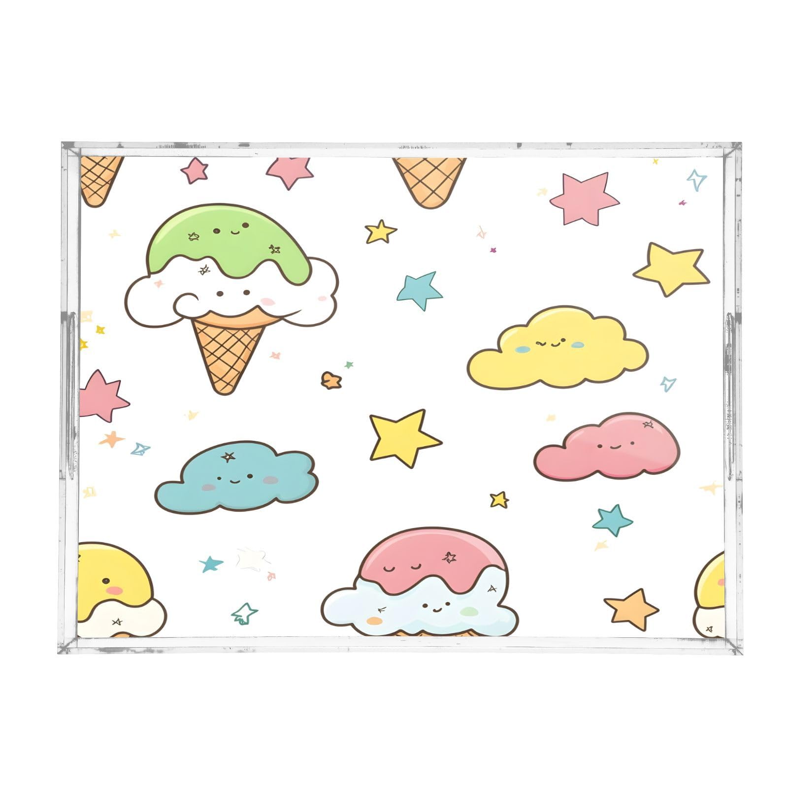 Nesatuwa Cute Ice Cream Acrylic Serving Tray with Handles,Clear Serving Tray Decorative Tray Organiser for Ottoman, Kitchen, Bedroom Decorative Tray 12x16 Inches