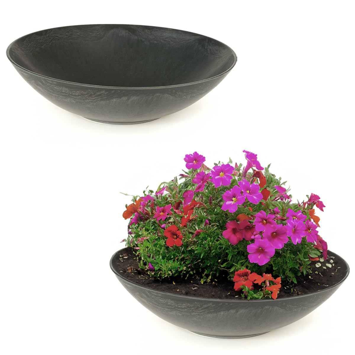 Matches21 Home & Hobby Black Matches21 Weatherproof Outdoor Plant Bowls - Two Large Decorative Bowls In Marbled As Flower Bowls - Flat 35 Cm Garden Bowls For Flowers, Bonsai Or Cemetery Grave Jewellery