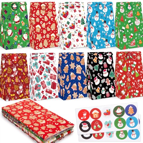 JOHOUSE 54 Pack Christmas Goodie Bags with Sealing Stickers - Xmas Gift Bags for Cookies Lunch Party Favors